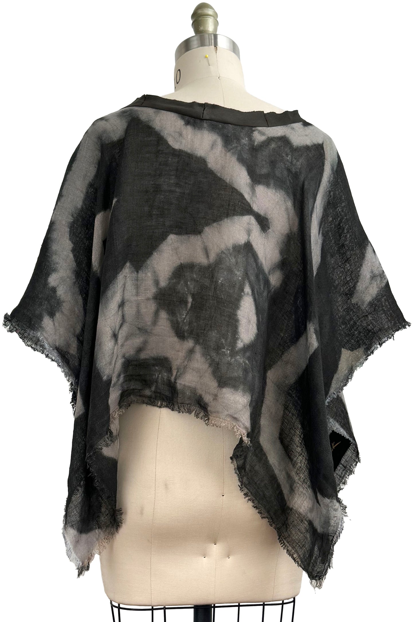 Open Weave Linen Poncho w/ Itajime Dye - Black & Grey