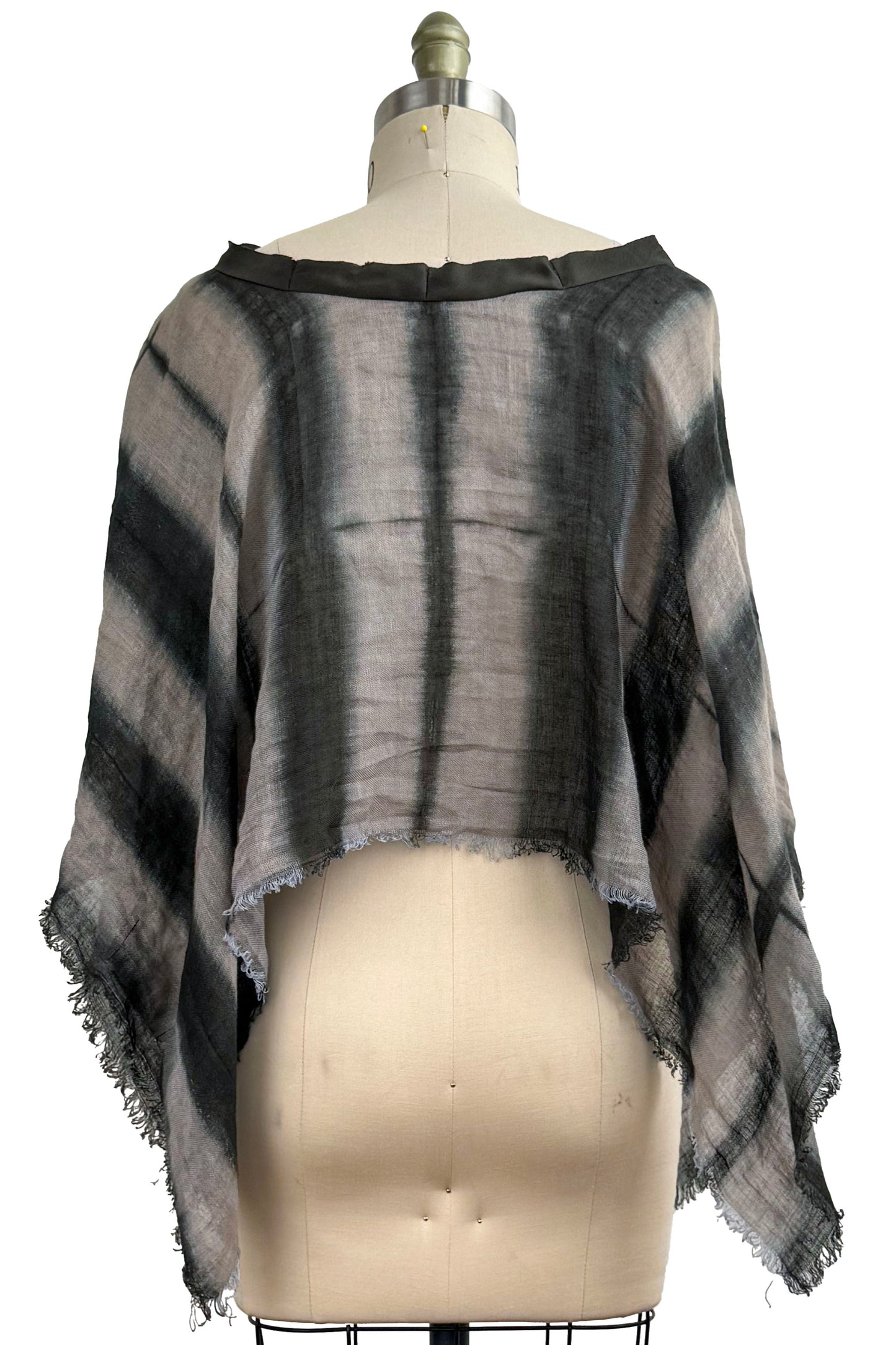 Open Weave Linen Poncho w/ Itajime Dye - Grey & Black