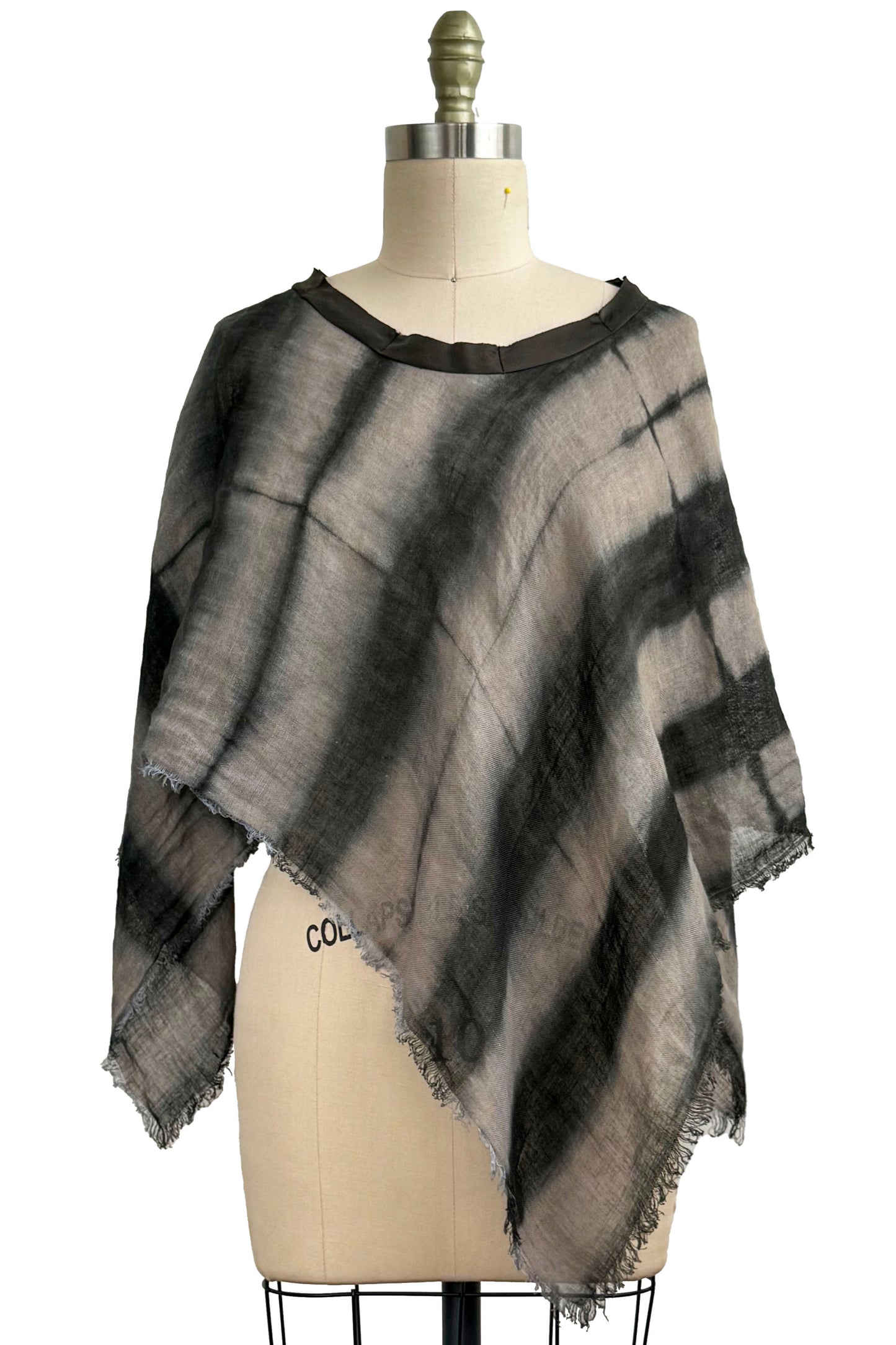 Open Weave Linen Poncho w/ Itajime Dye - Grey & Black