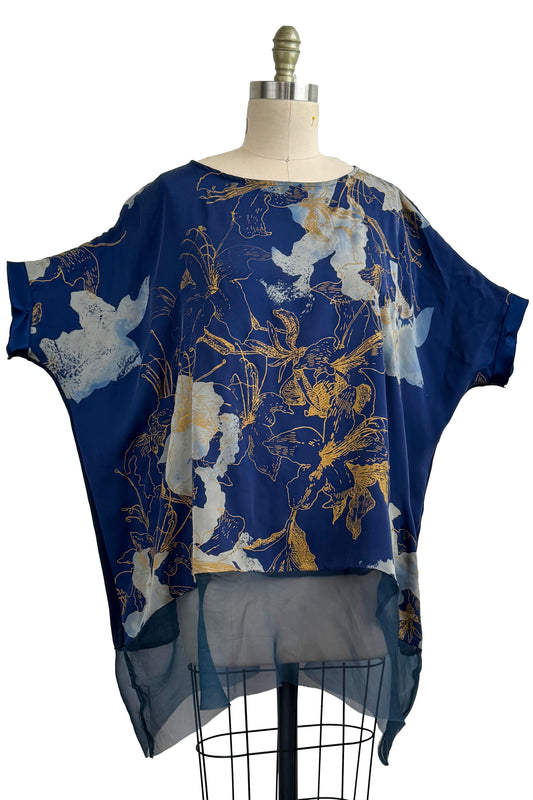 Deb Top in Silk Georgette w/ Azalea Print - Blue & Gold