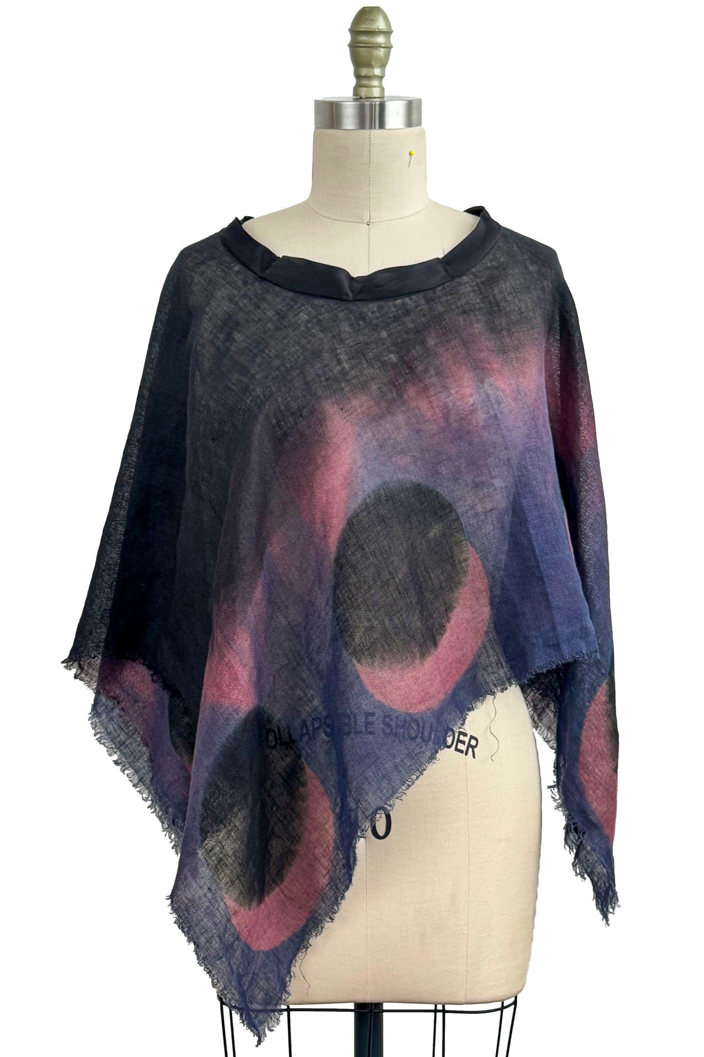 Poncho with Silk Bias Neckline - Open Weave Linen - Itajime Shibori Circle Dye - Black, Pink & Purple