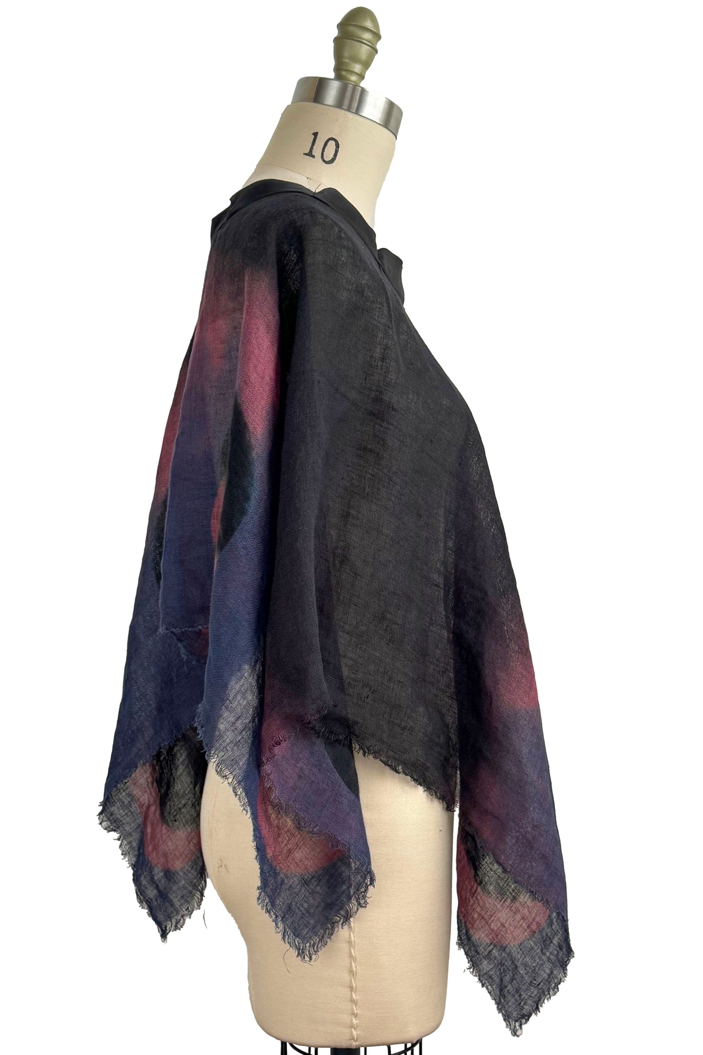 Poncho with Silk Bias Neckline - Open Weave Linen - Itajime Shibori Circle Dye - Black, Pink & Purple