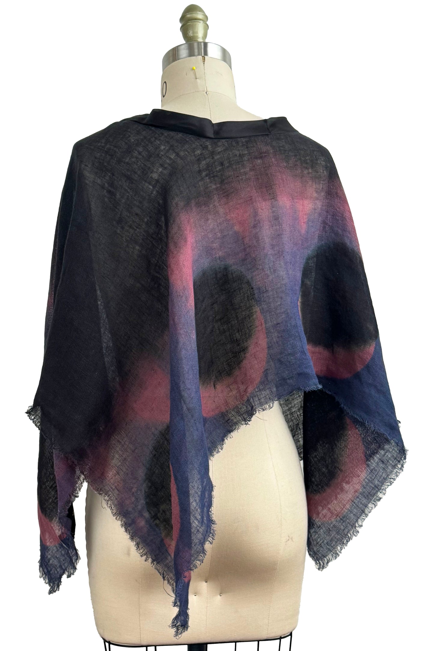 Poncho with Silk Bias Neckline - Open Weave Linen - Itajime Shibori Circle Dye - Black, Pink & Purple