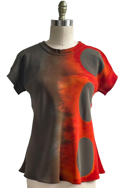 Anne-Marie Bias Top in Silk w/ Moon Print - Olive & Orange - Medium