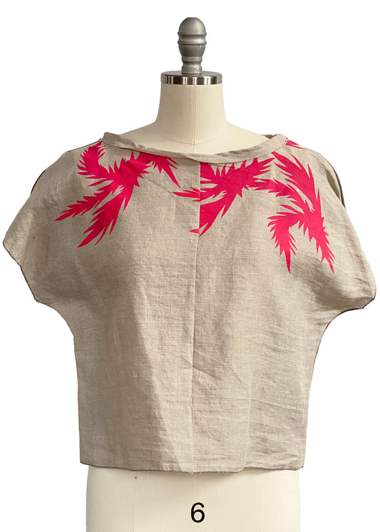 Jen Top in Linen w/ Thistle Print - Flax, Stone & Pink - Small