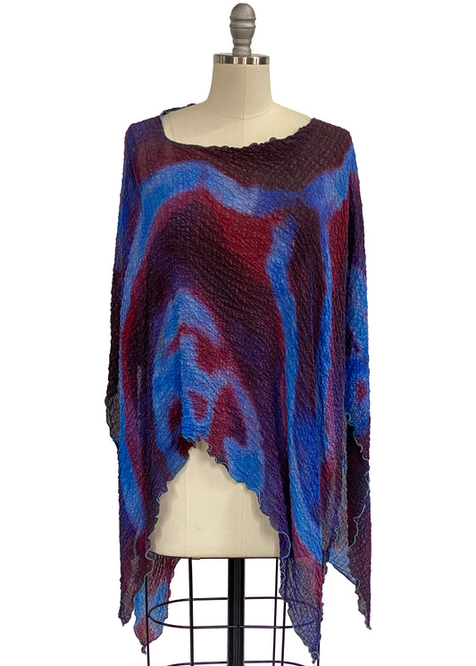 Waffle Silk Poncho w/ Itajime Stick Dye - Blue, Eggplant & Red