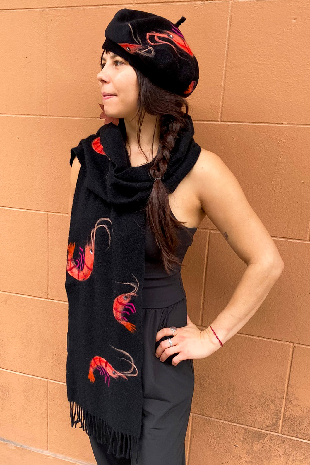 Silk Lined Beret Hat w/ Applique - Black & Blue Stripes - Medium