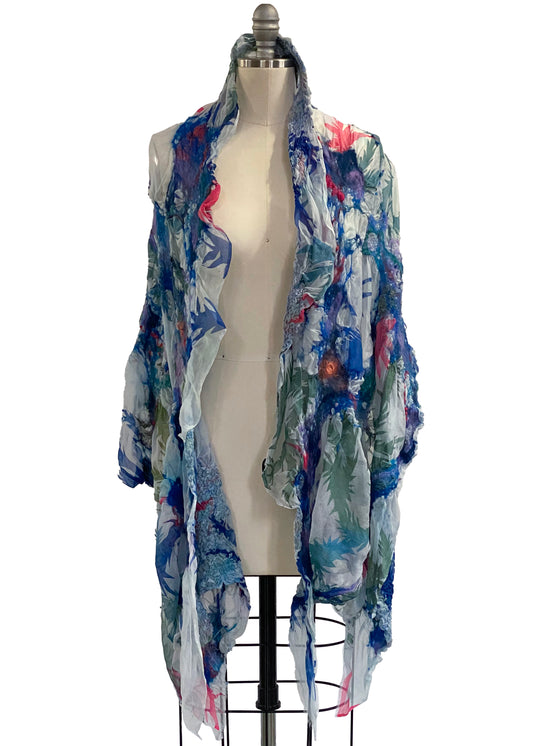 Felted Organza Shawl w/ Papercut Print - White w/ Blue Multi