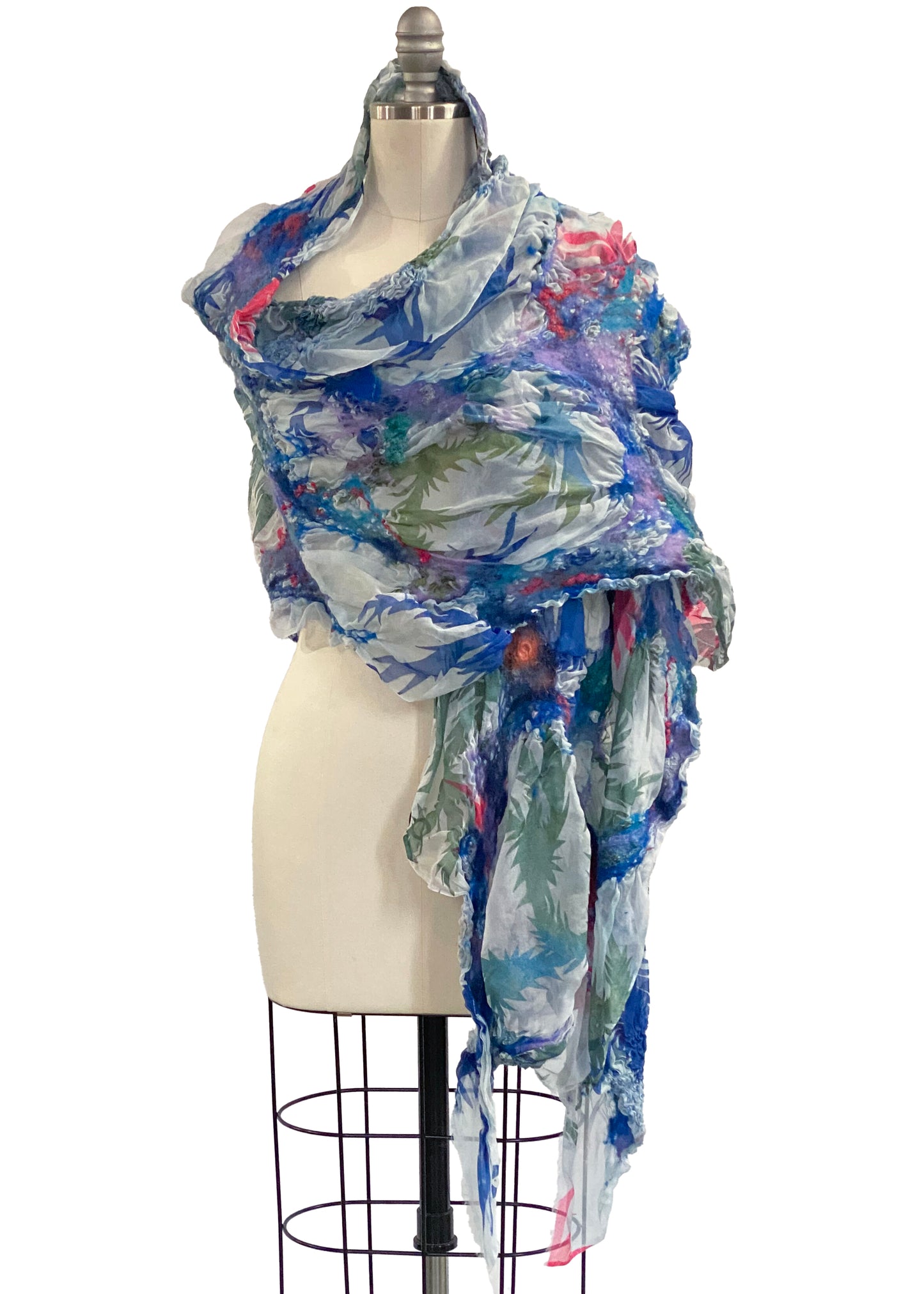 Felted Organza Shawl w/ Papercut Print - White w/ Blue Multi