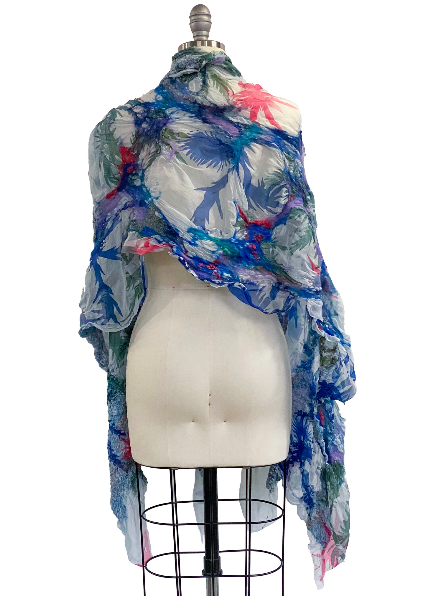 Felted Organza Shawl w/ Papercut Print - White w/ Blue Multi