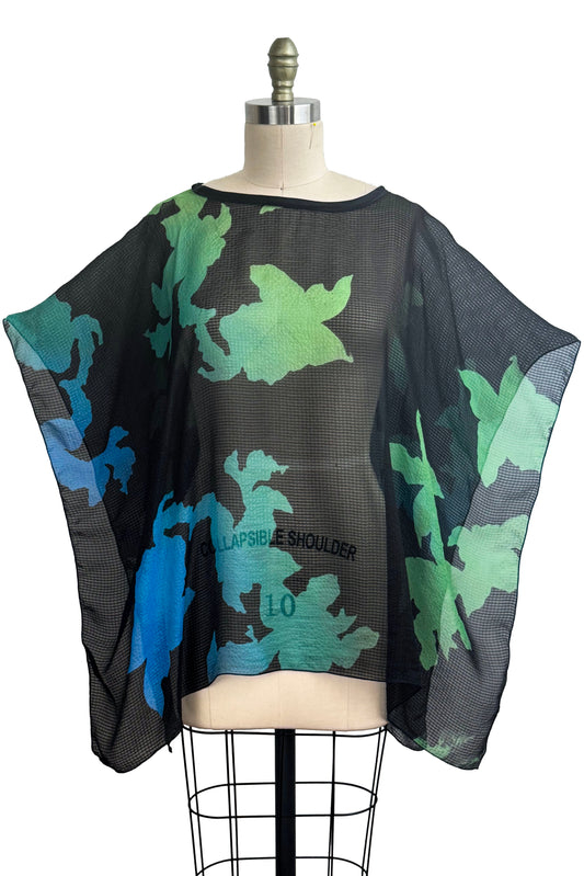 Seersucker Silk Poncho w/ Azalea Print - Black, Blue & Green