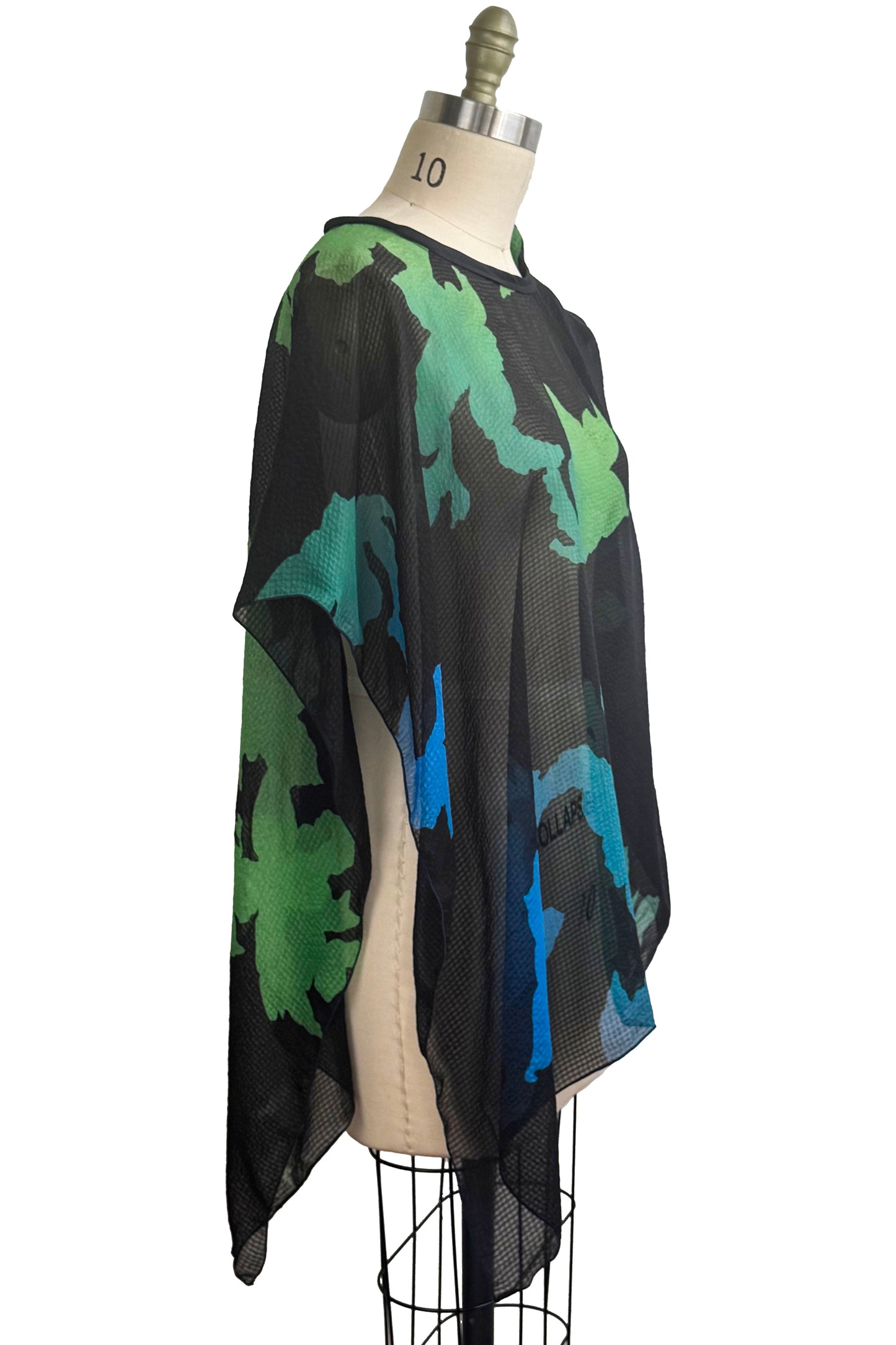 Seersucker Silk Poncho w/ Azalea Print - Black, Blue & Green