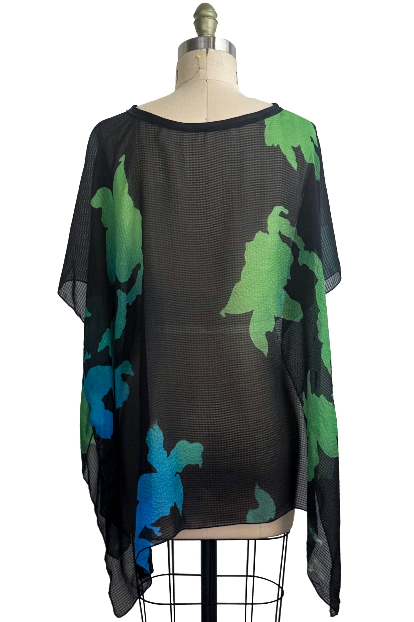 Seersucker Silk Poncho w/ Azalea Print - Black, Blue & Green