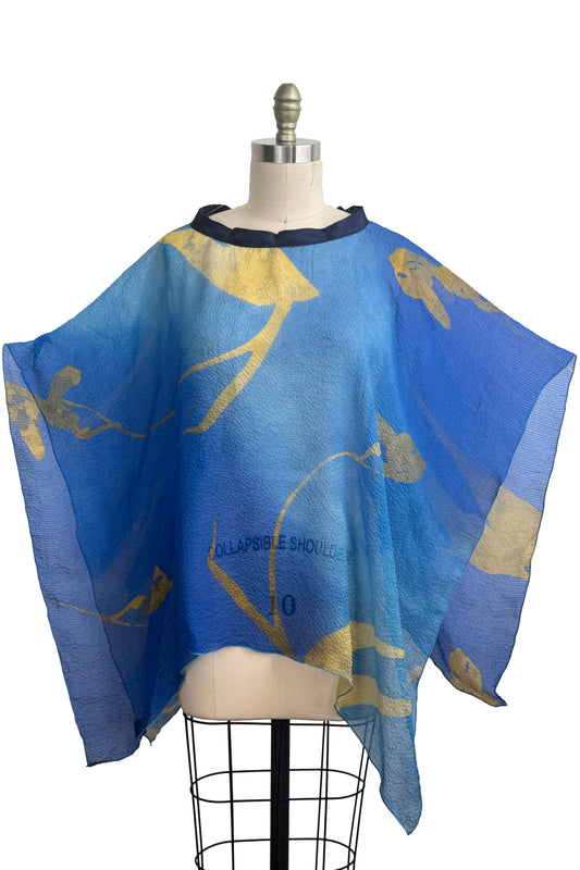 Seersucker Silk Poncho w/ Tulip Print - Blue & Gold