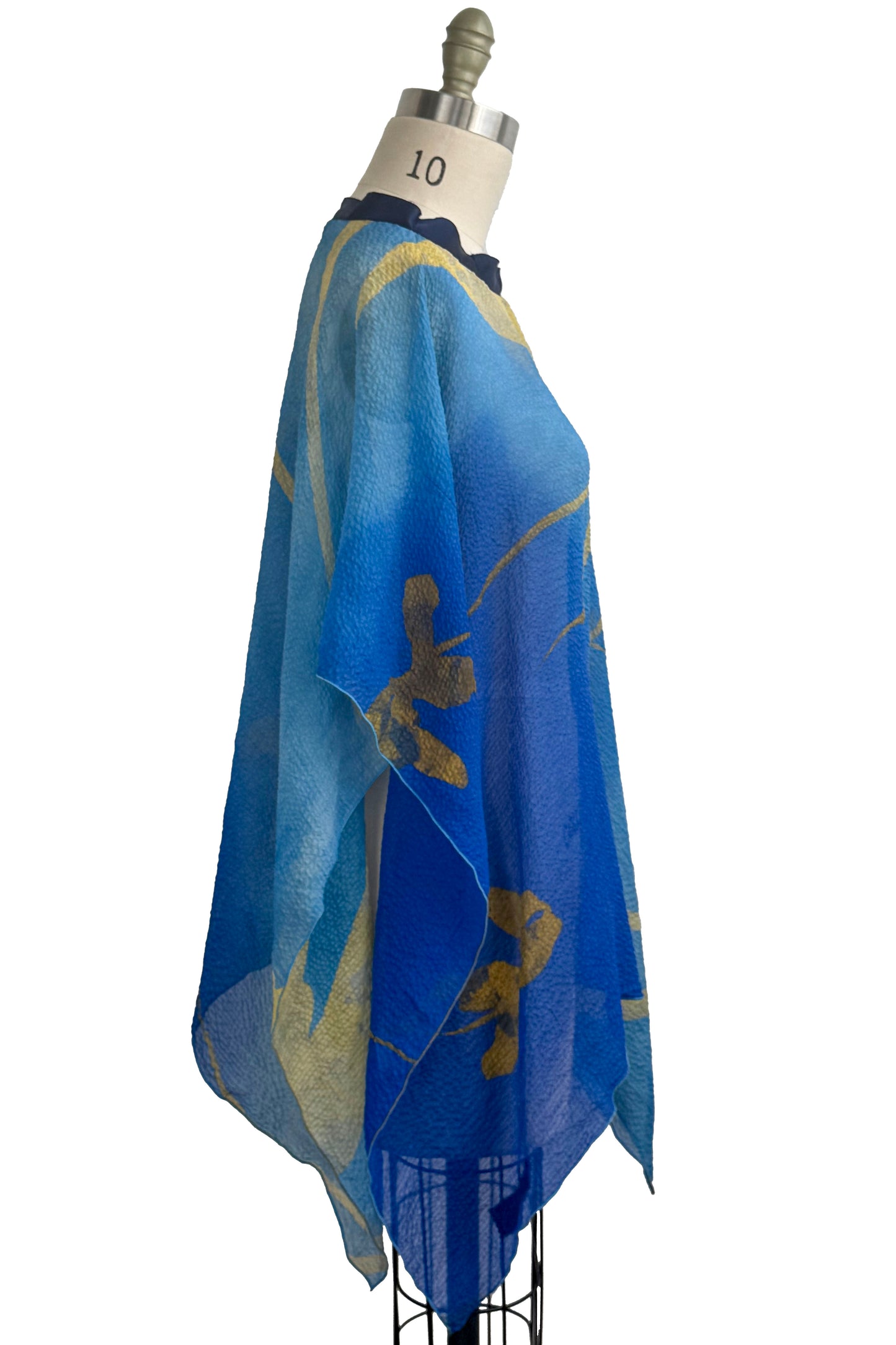 Seersucker Silk Poncho w/ Tulip Print - Blue & Gold
