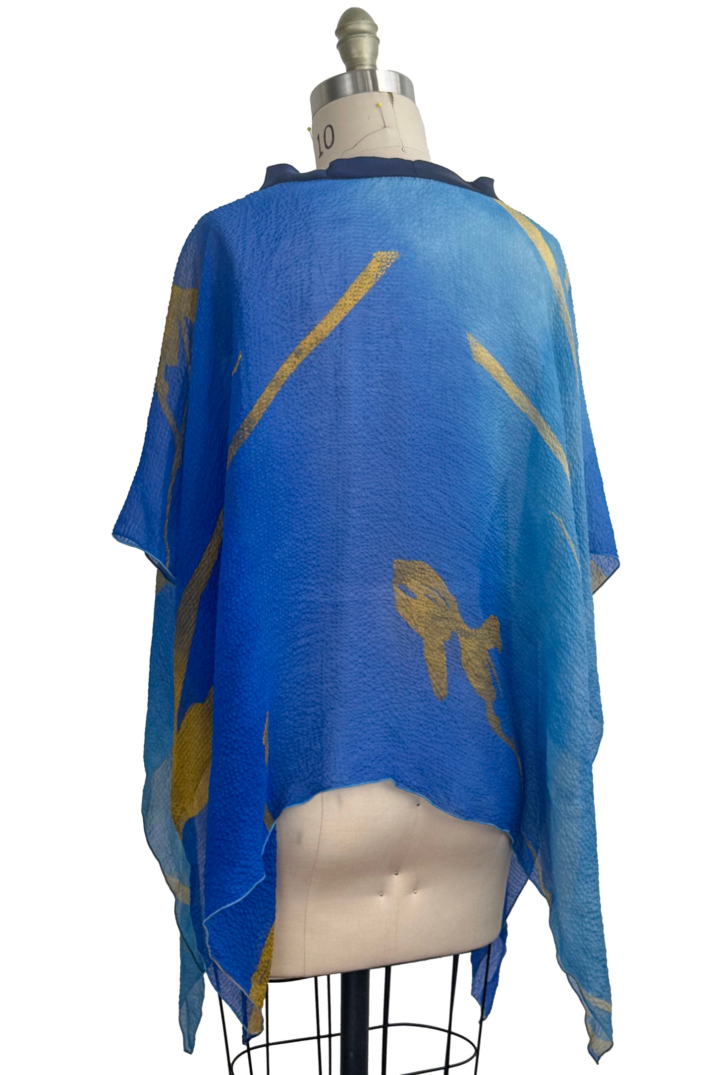 Seersucker Silk Poncho w/ Tulip Print - Blue & Gold