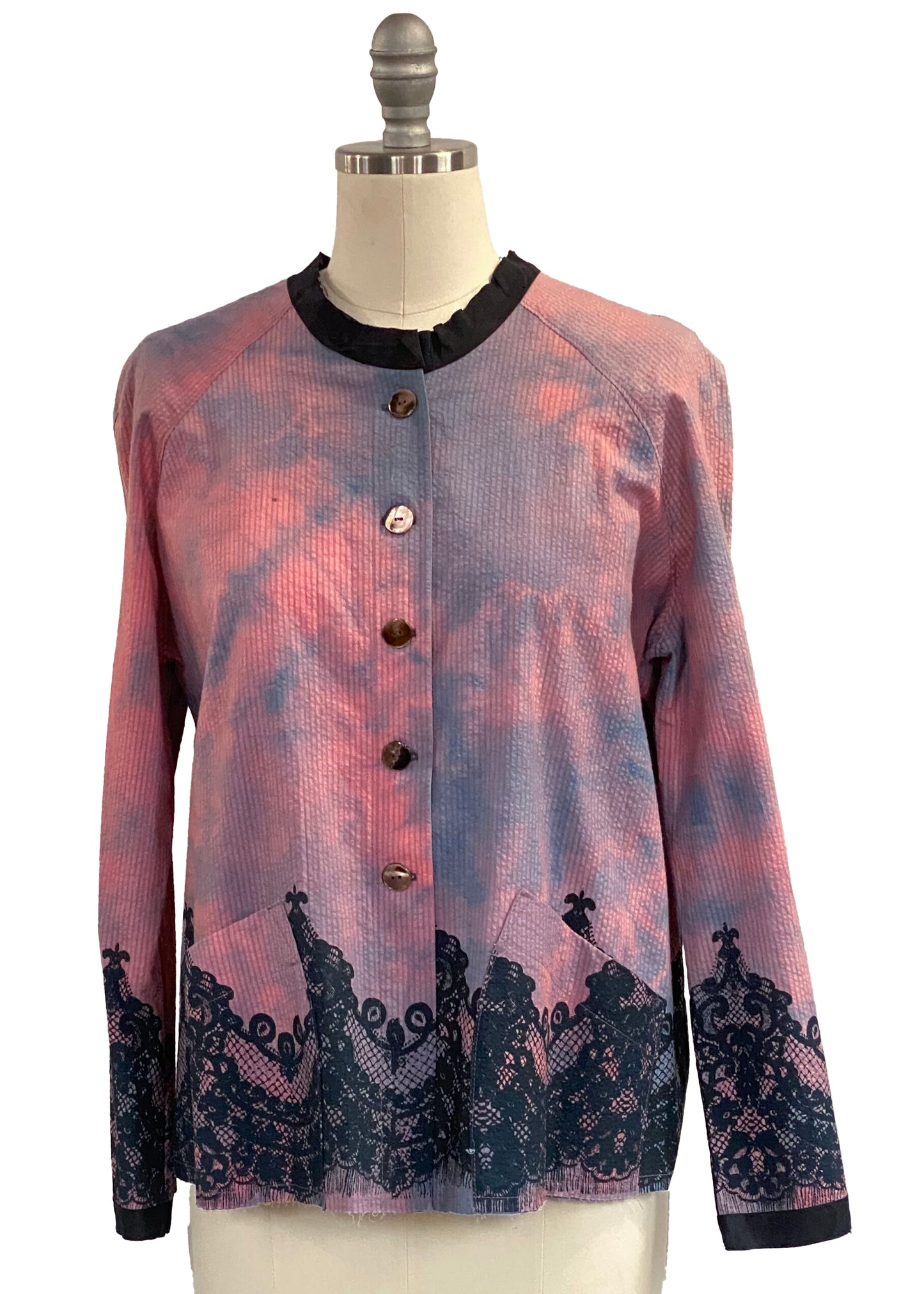 Versatile layering jacket with artisanal dyeing techniques and deep pockets.