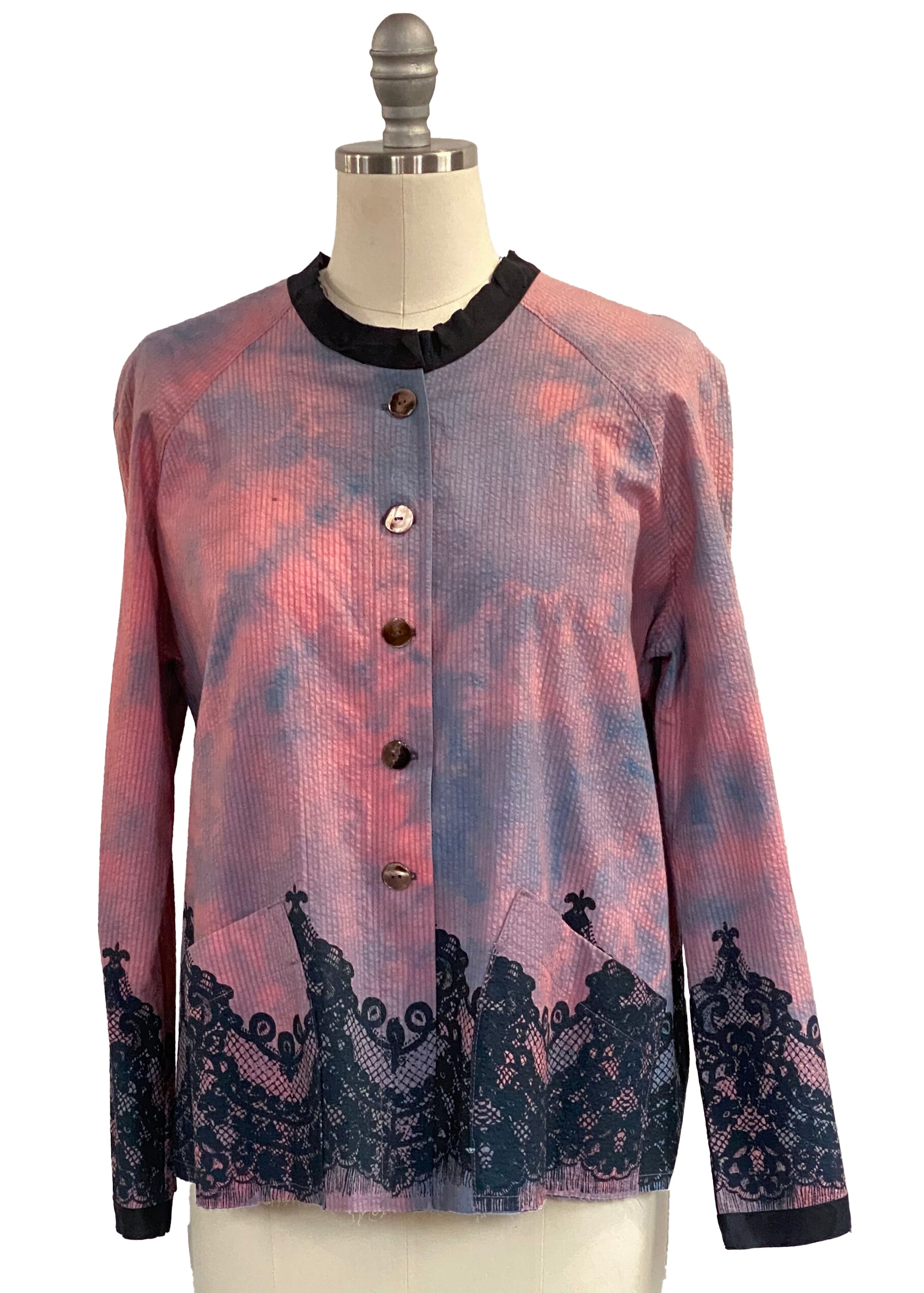 Versatile layering jacket with artisanal dyeing techniques and deep pockets.