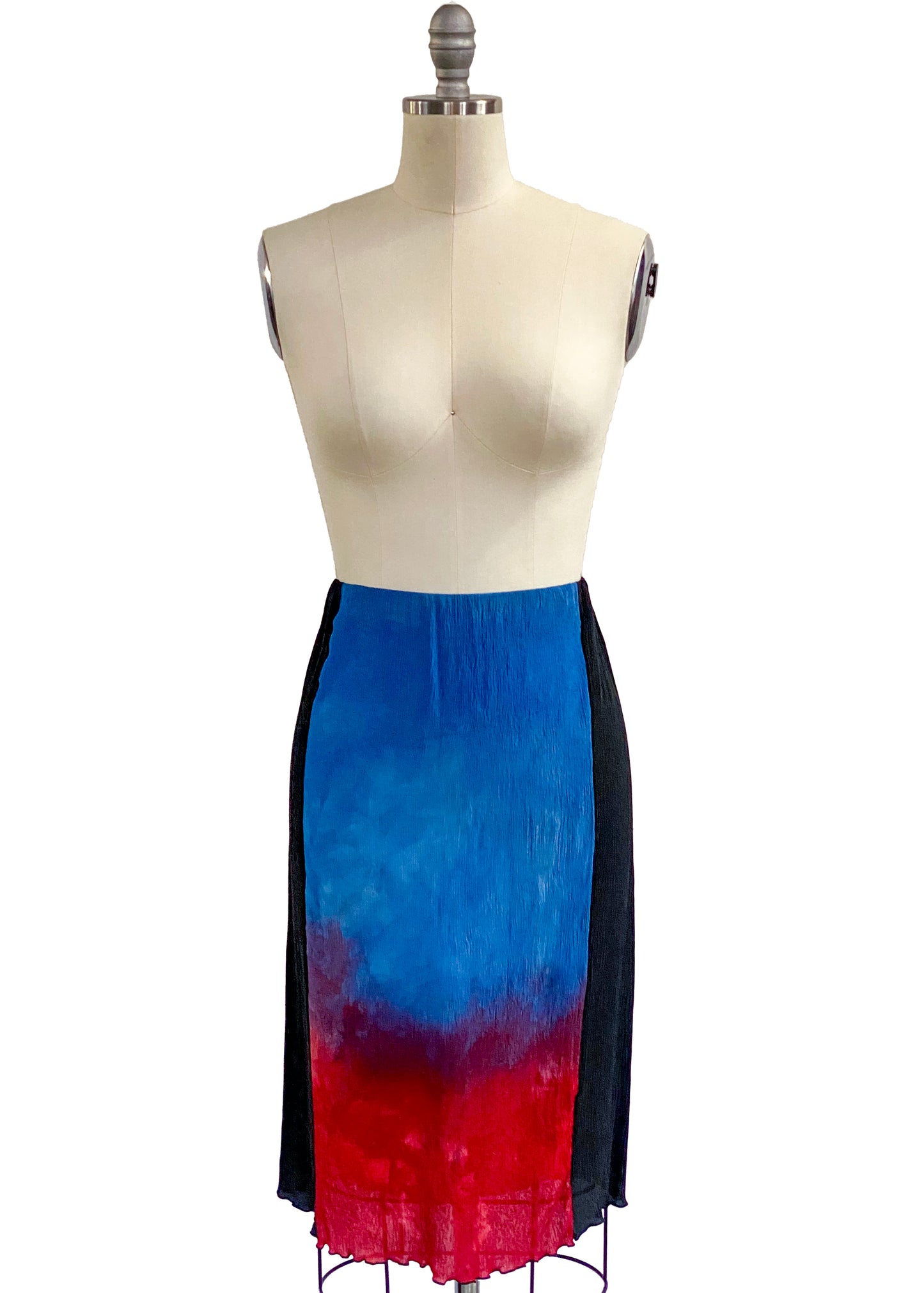Crinkle Crepe Silk Knee Length Tube Skirt - Black, Red & Blue - Medium