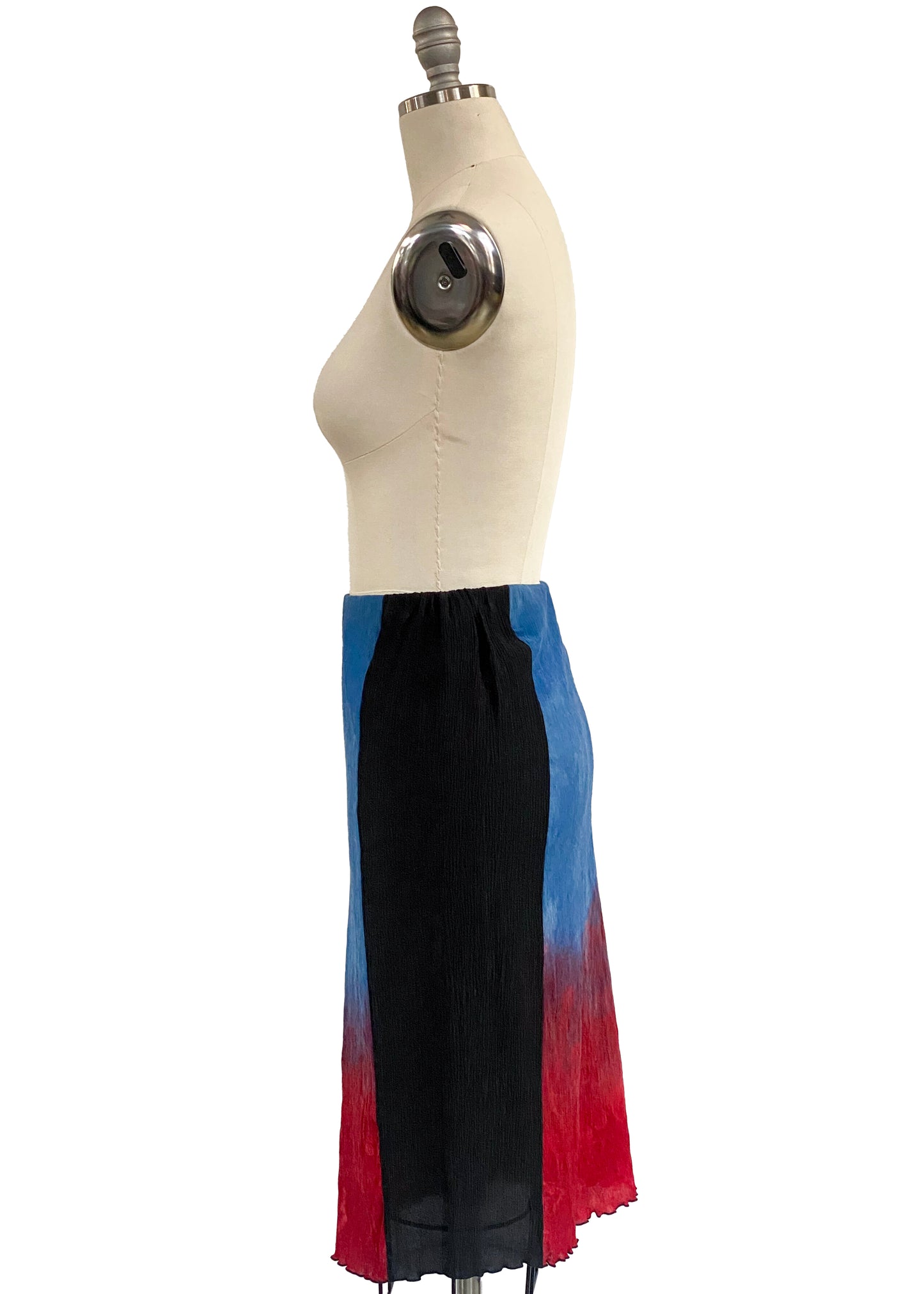 Crinkle Crepe Silk Knee Length Tube Skirt - Black, Red & Blue - Medium
