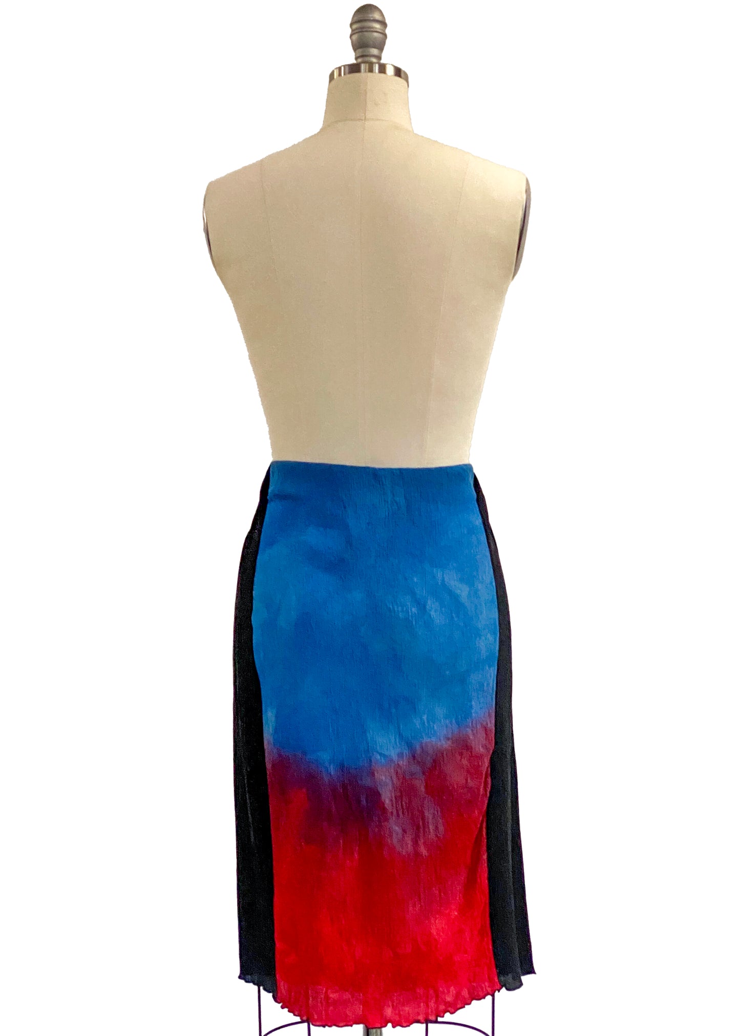 Crinkle Crepe Silk Knee Length Tube Skirt - Black, Red & Blue - Medium