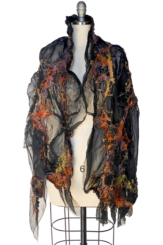 Felted Organza Shawl - Black, Orange & Yellow