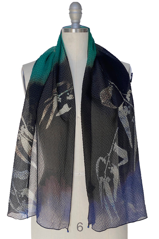 Seersucker Silk Scarf in Eucalyptus Print - Navy, Black & Teal