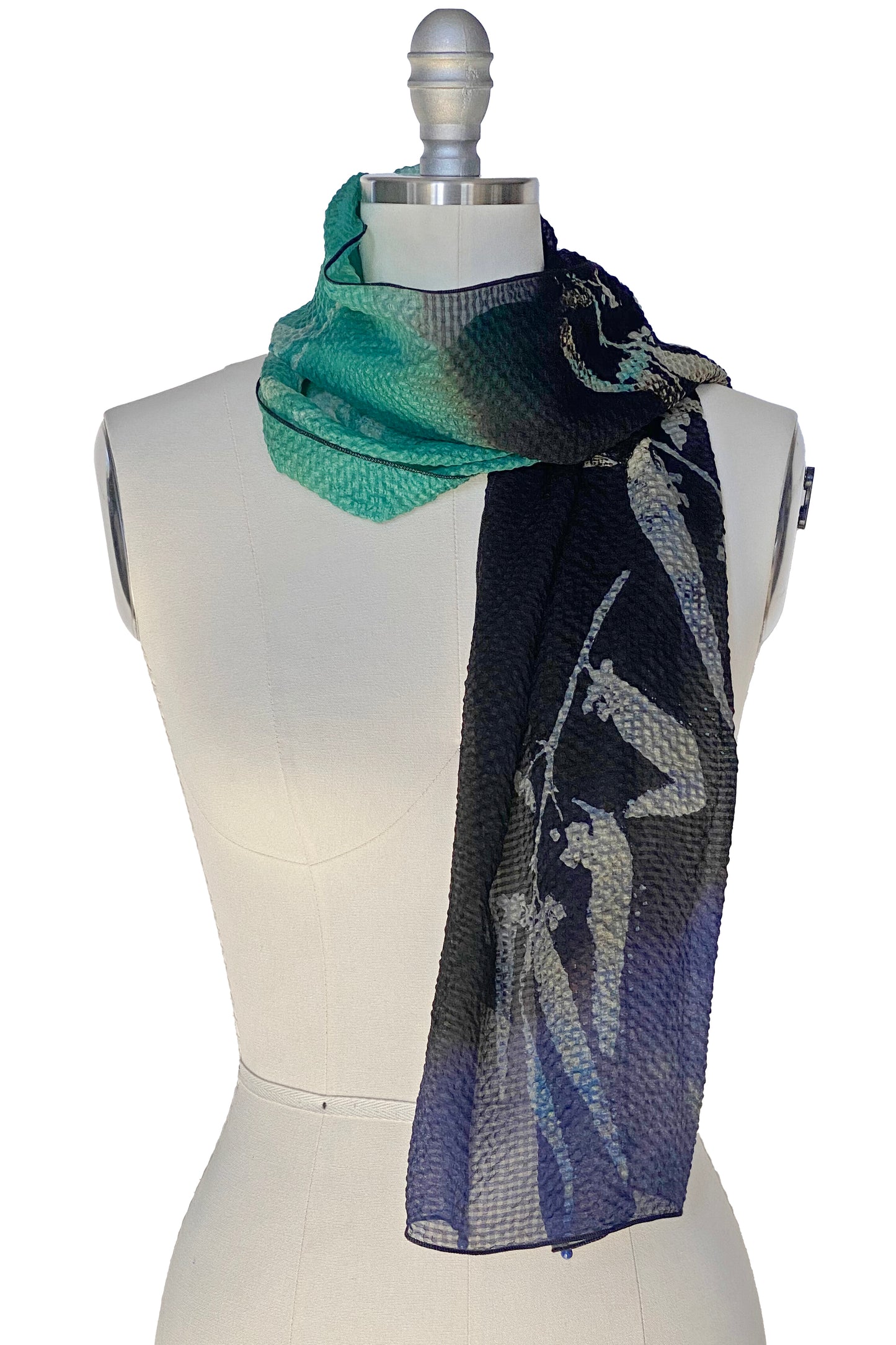 Seersucker Silk Scarf in Eucalyptus Print - Navy, Black & Teal