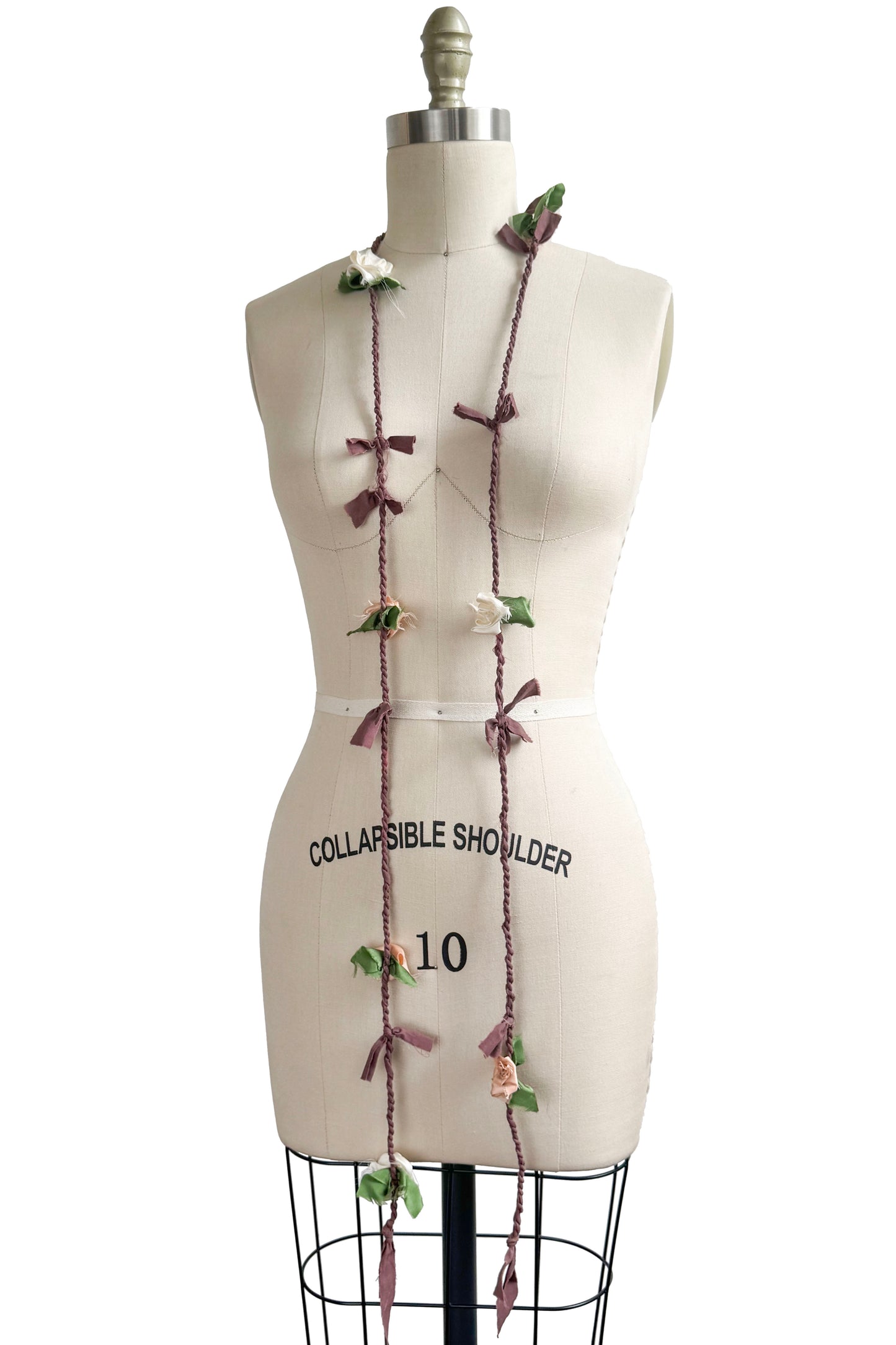 Hand Twisted Mauve Rope Lariat w/ Silk Flowers - White & Peach