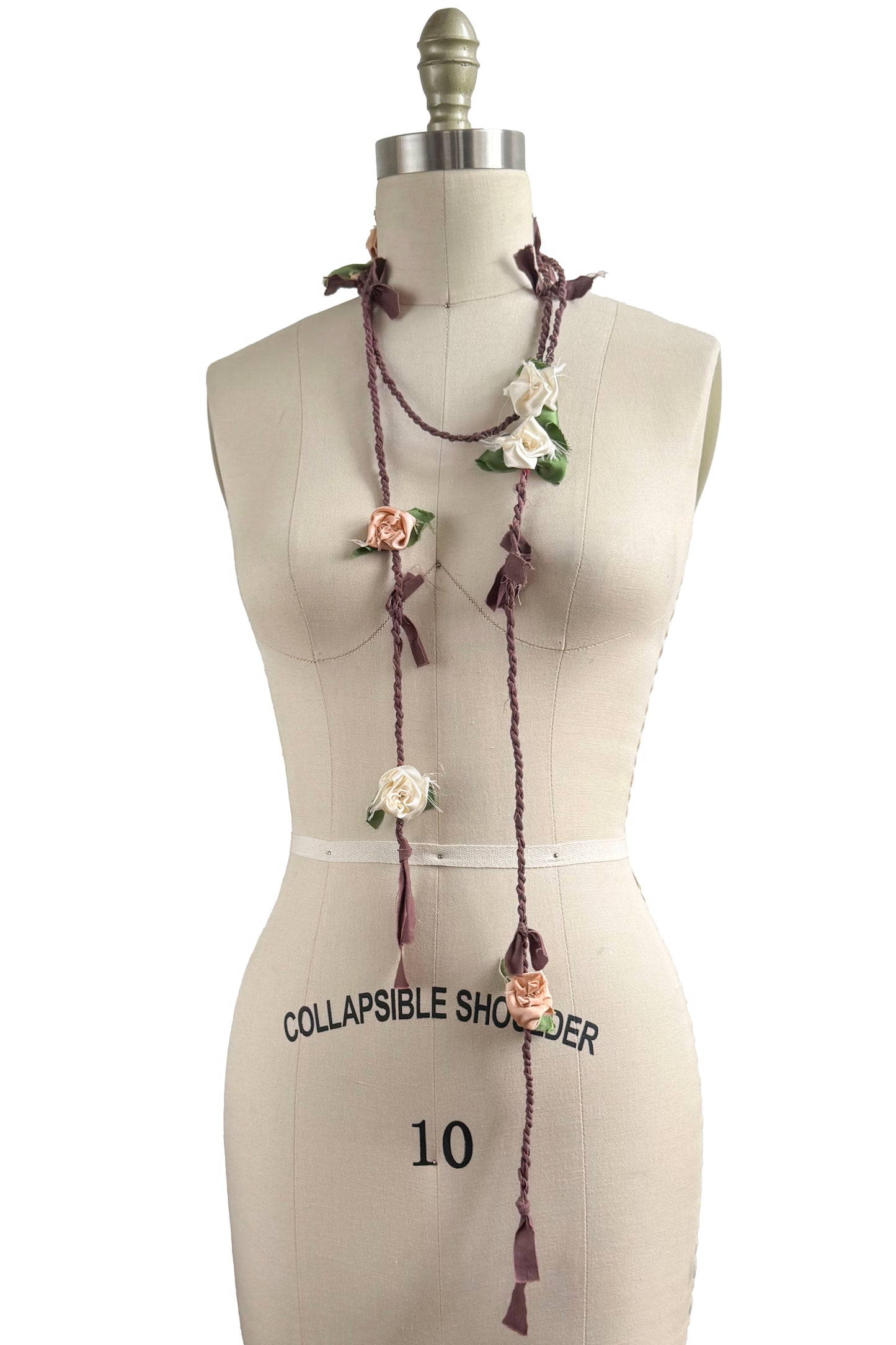 Hand Twisted Mauve Rope Lariat w/ Silk Flowers - White & Peach