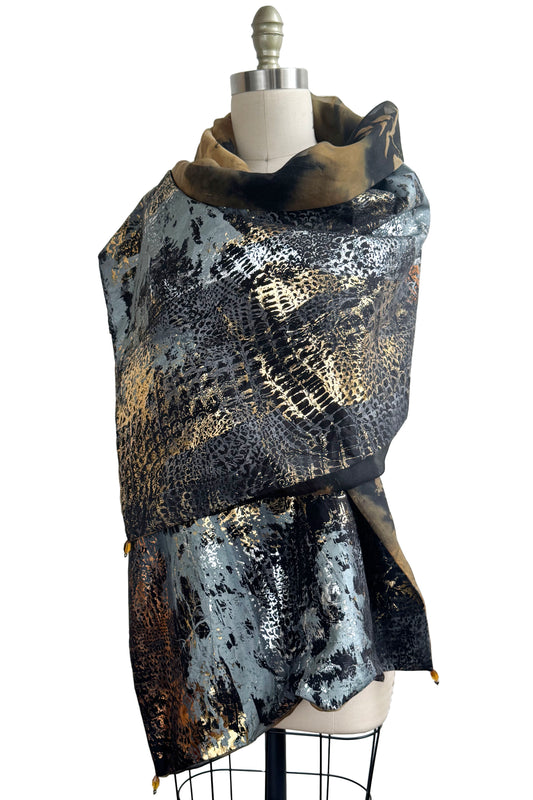 Shawl Silk Organza & Taffeta w/ Vine & Alligator Foil Print- Black, Gold & Slate