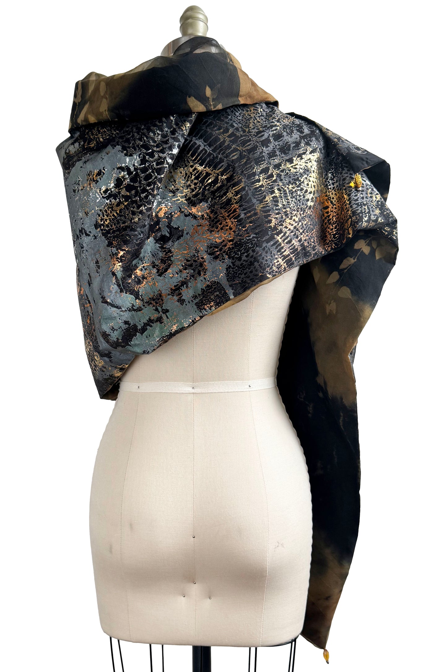Shawl Silk Organza & Taffeta w/ Vine & Alligator Foil Print- Black, Gold & Slate