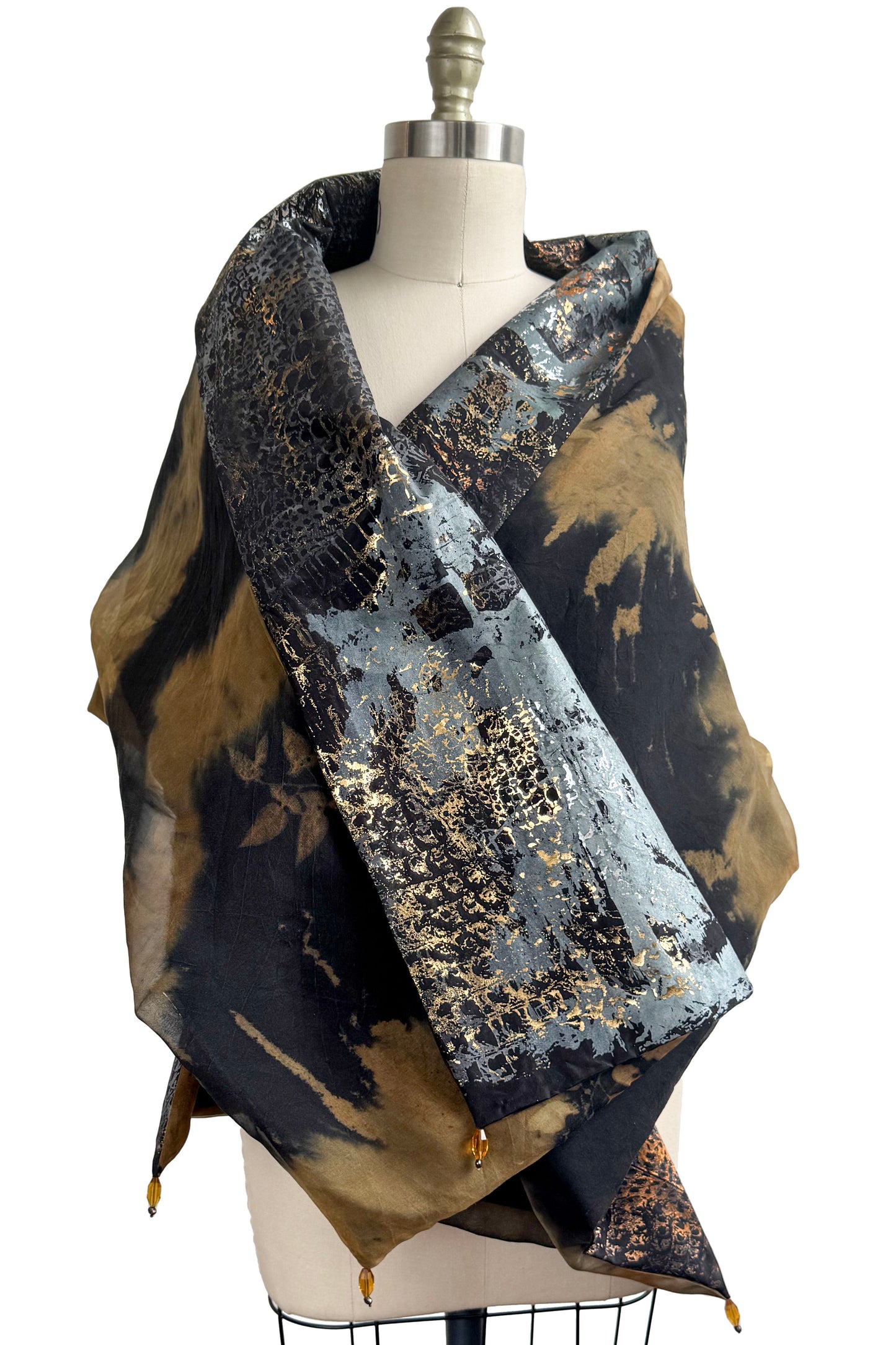 Shawl Silk Organza & Taffeta w/ Vine & Alligator Foil Print- Black, Gold & Slate