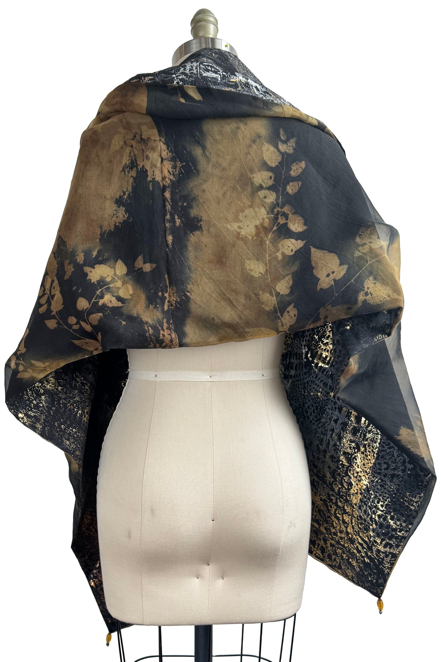 Shawl Silk Organza & Taffeta w/ Vine & Alligator Foil Print- Black, Gold & Slate