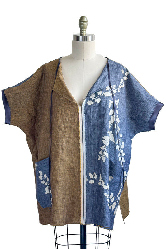 Jo Top Linen - Vine Print - Grey & Ochre