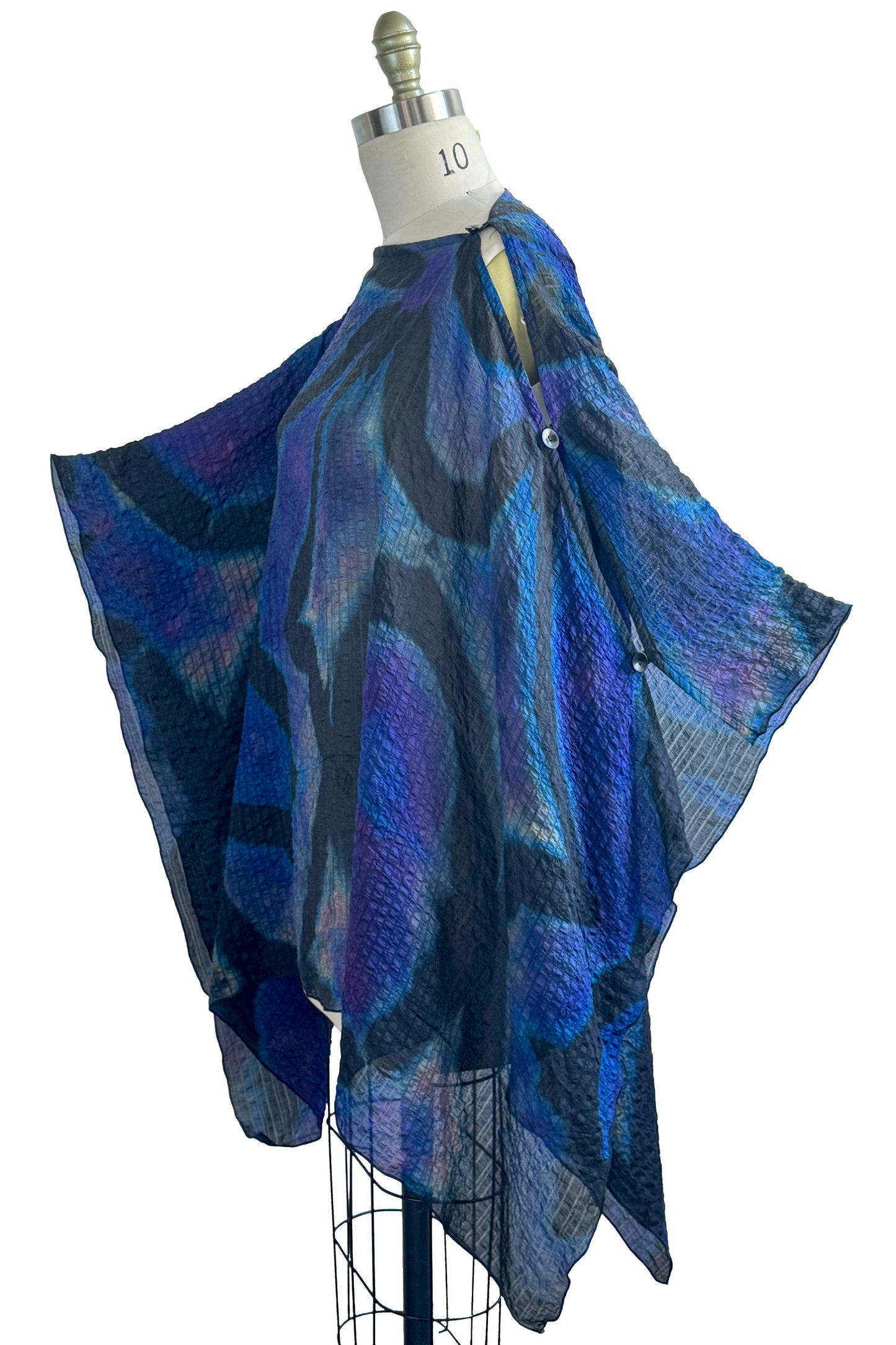 Button Drape in Seersucker Silk w/ Shibori Dye - Black, Blue & Violet