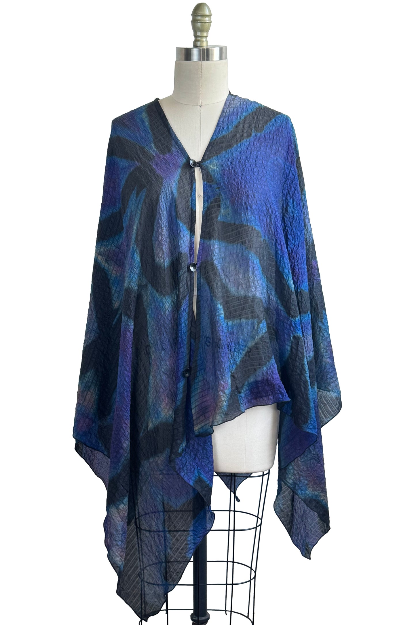 Button Drape in Seersucker Silk w/ Shibori Dye - Black, Blue & Violet