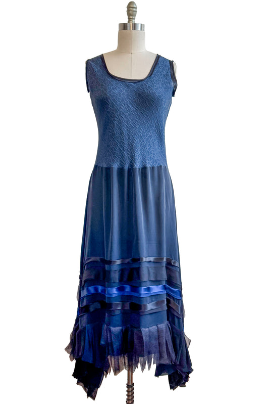Montmartre Dress in Silk w/ Strip Skirt - Navy & Black - Small