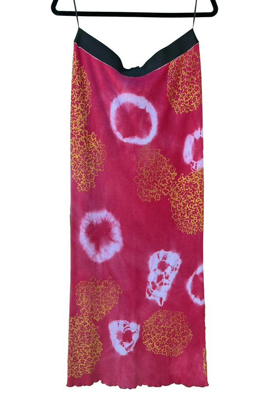 Waffle Stretch Tube Skirt w/ Itajime Circle Dye & Hyrdrangea Print - Red & Gold - Medium