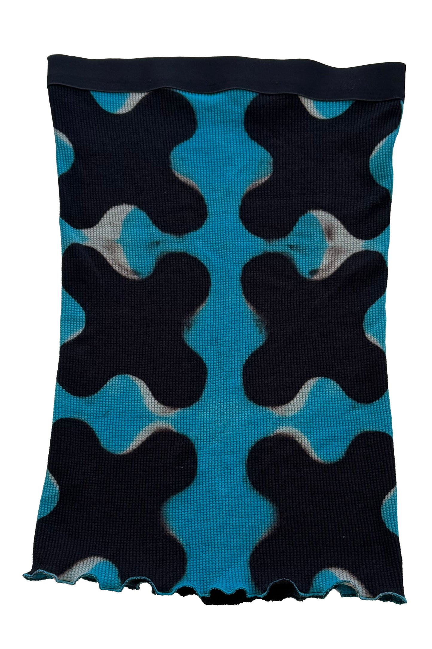 Short Waffle Stretch Tube Skirt w/ Itajimie Dye - Turquoise & Black - Small