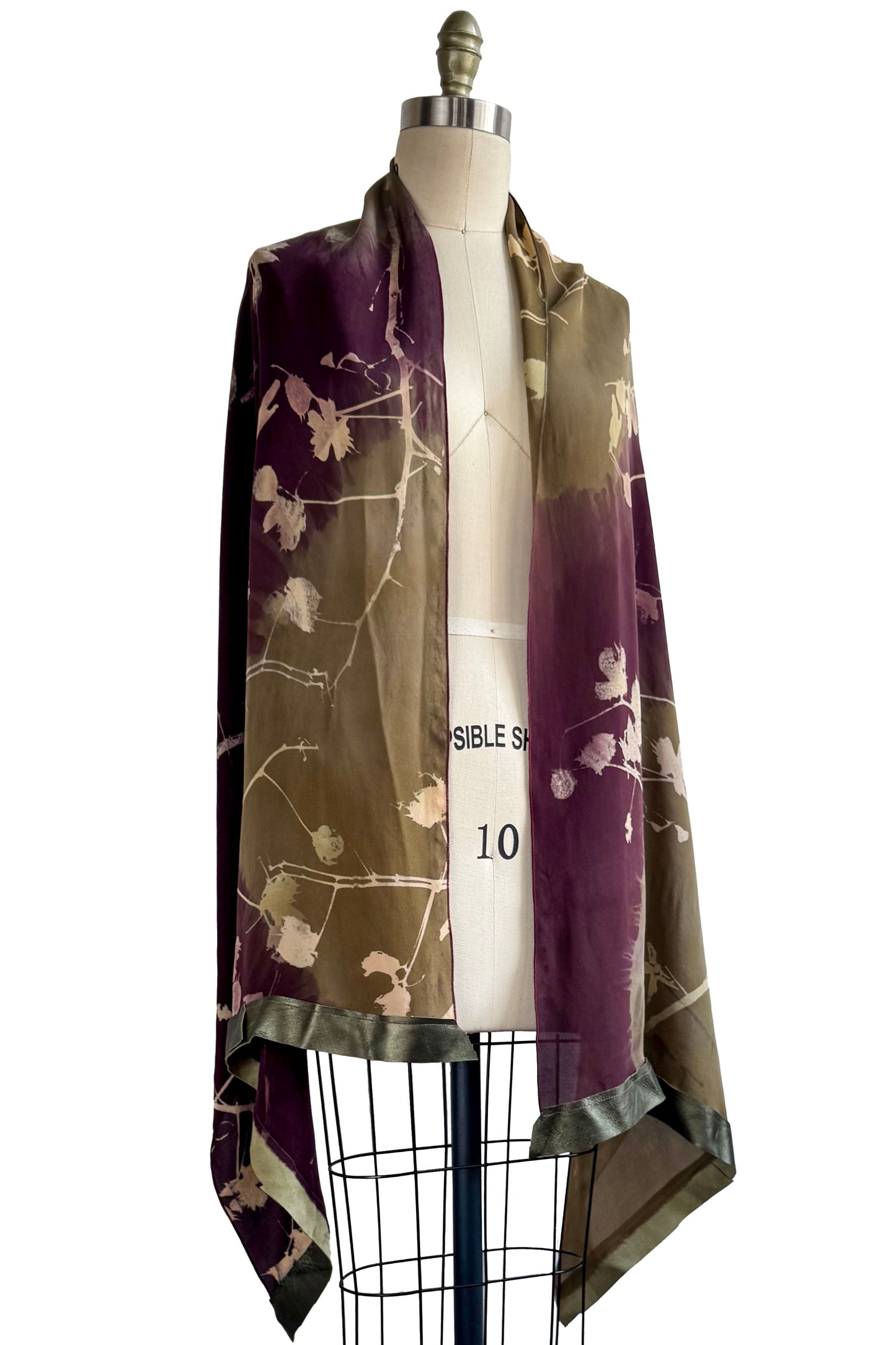 Shawl in Silk Georgette w/ Leather Trim & Branch Print - Olive Green & Eggplant