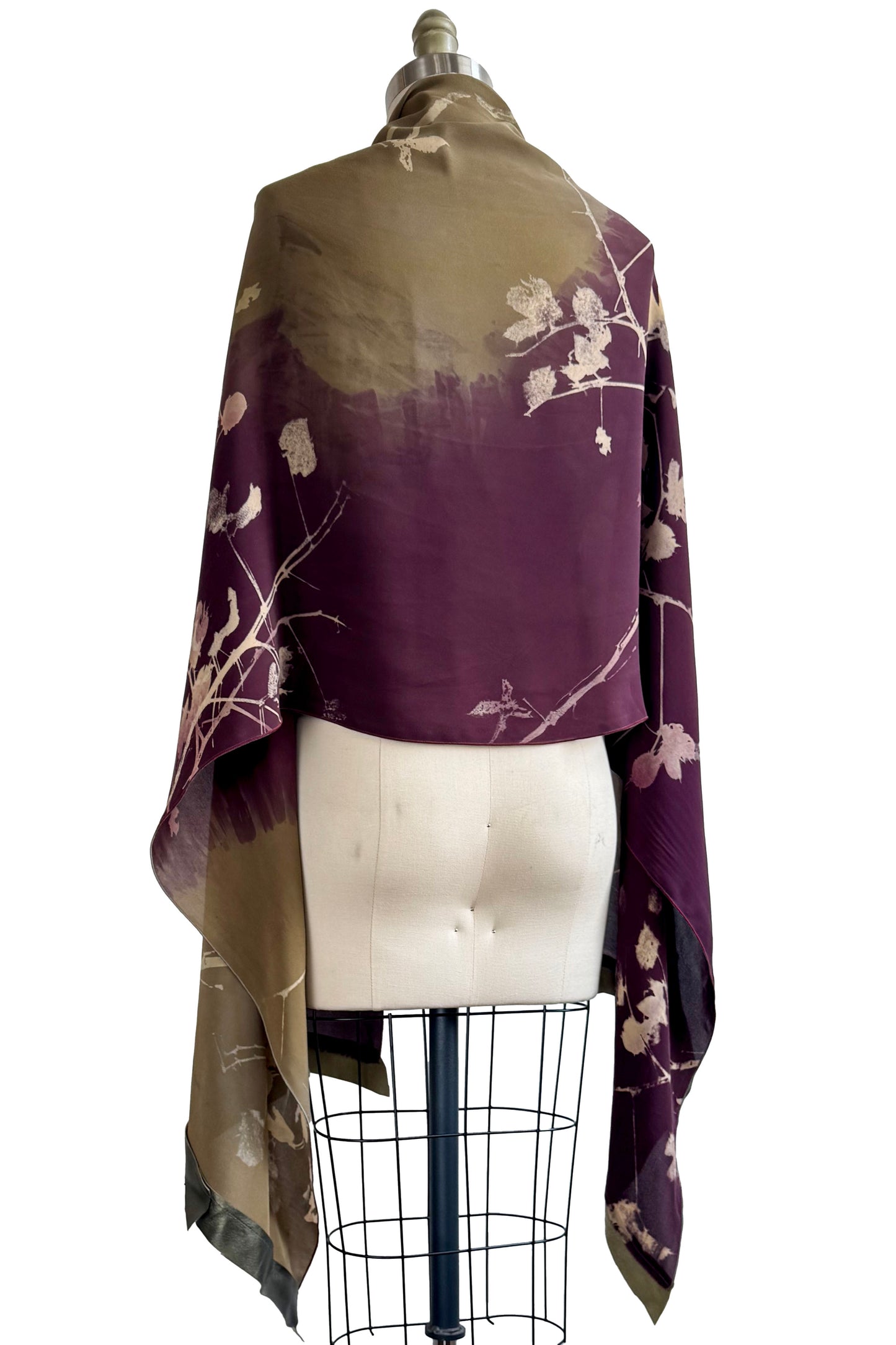 Shawl in Silk Georgette w/ Leather Trim & Branch Print - Olive Green & Eggplant