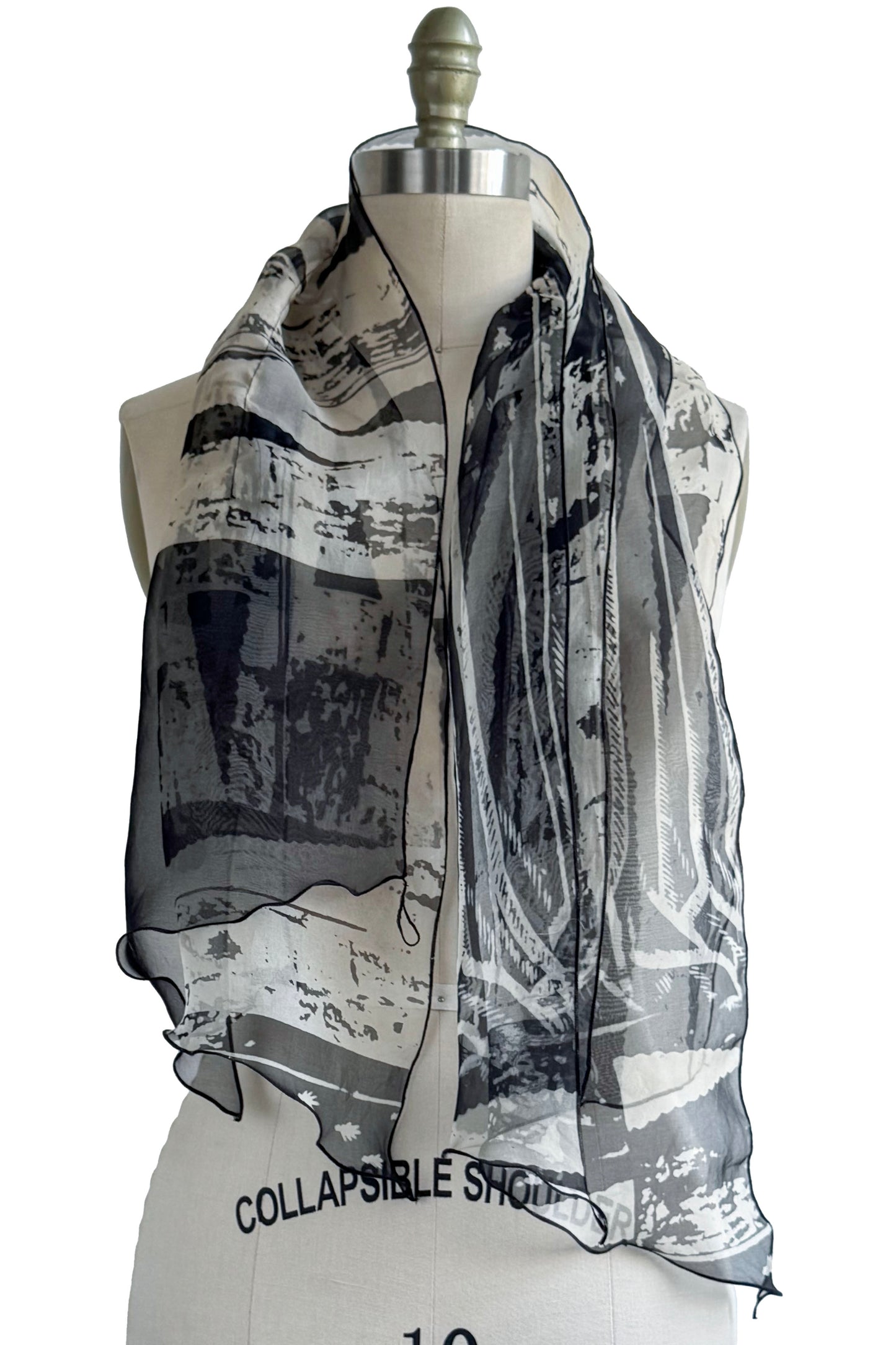 Scarf in Silk Organza w/ Brass Print - Black & Natural