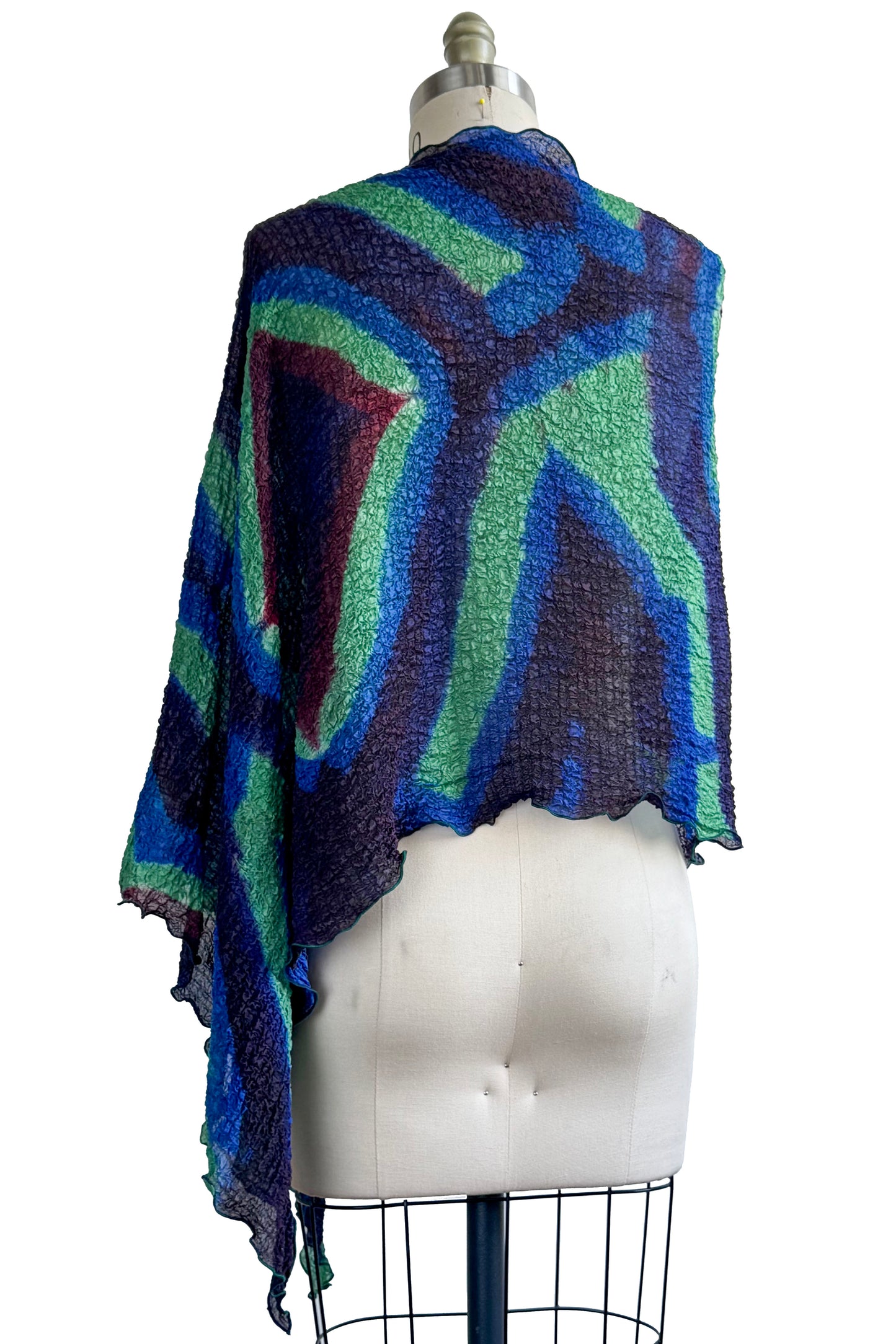 Seersucker Silk Poncho w/ Itajimie Dye - Blue, Lime Green & Violet