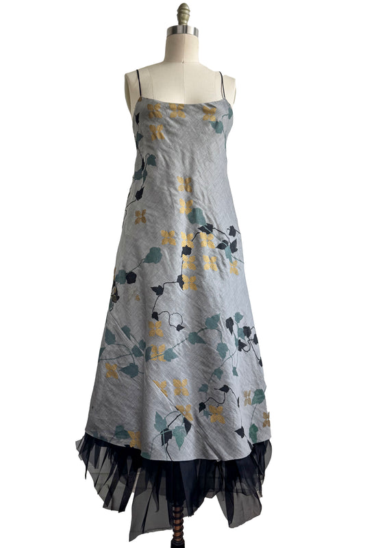 Kappa Dress in Silk w/Organza Trim & Ivy Print - Grey, Black, Sage Green & Gold - Small