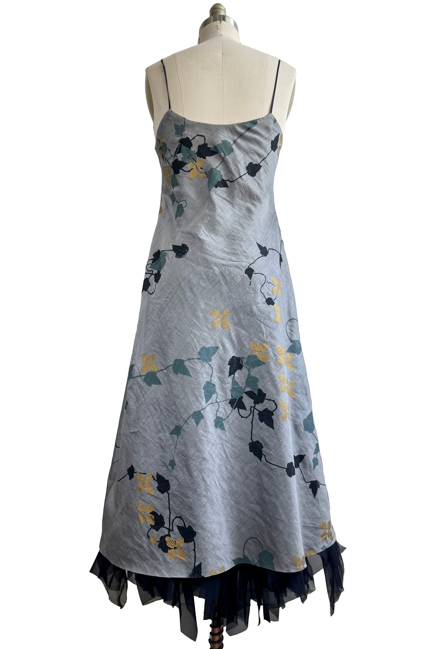 Kappa Dress in Silk w/Organza Trim & Ivy Print - Grey, Black, Sage Green & Gold - Small