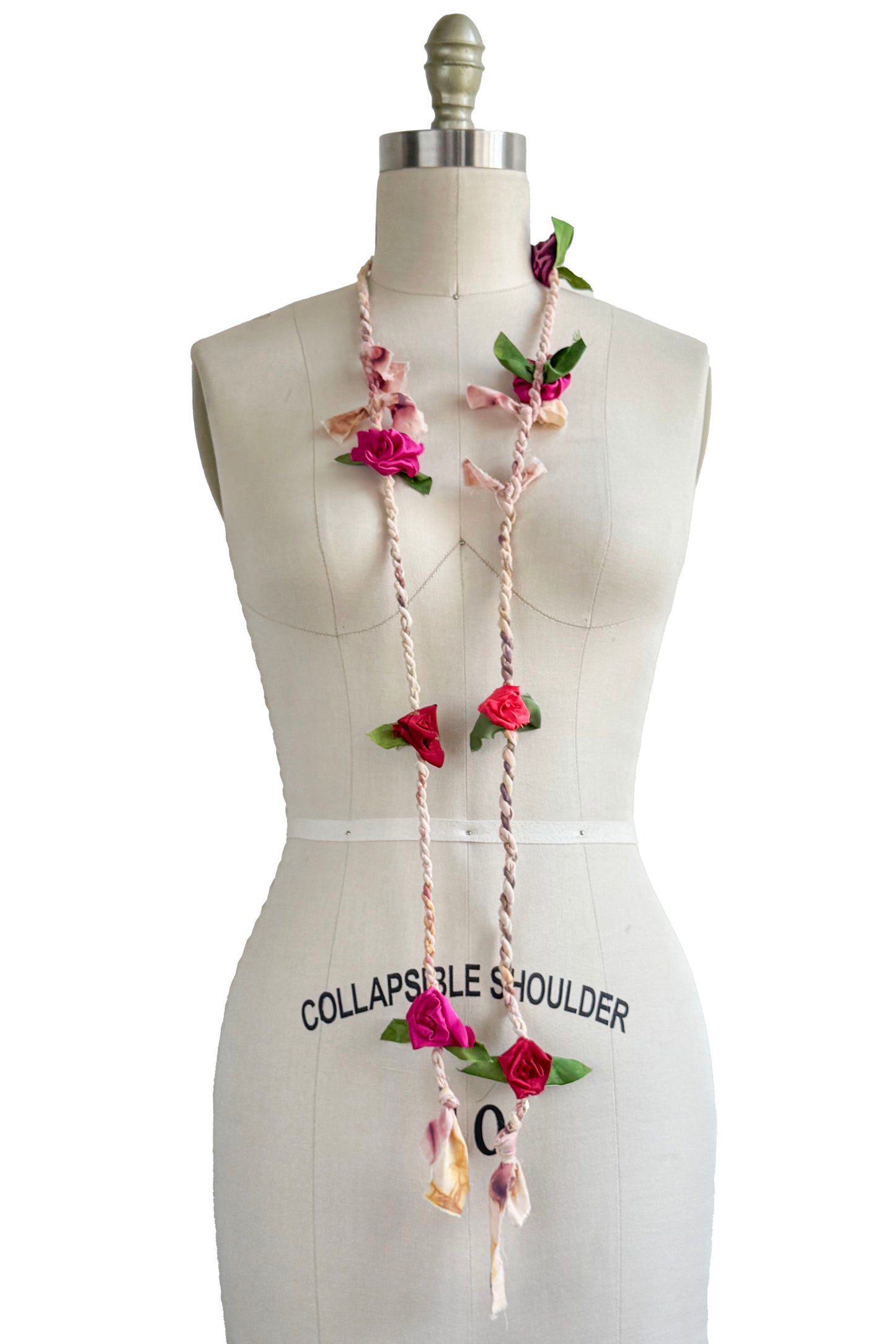 Hand Twisted Peach Rope Lariat w/ Silk Flowers - Hot Pink, Scarlet, Coral & Purple