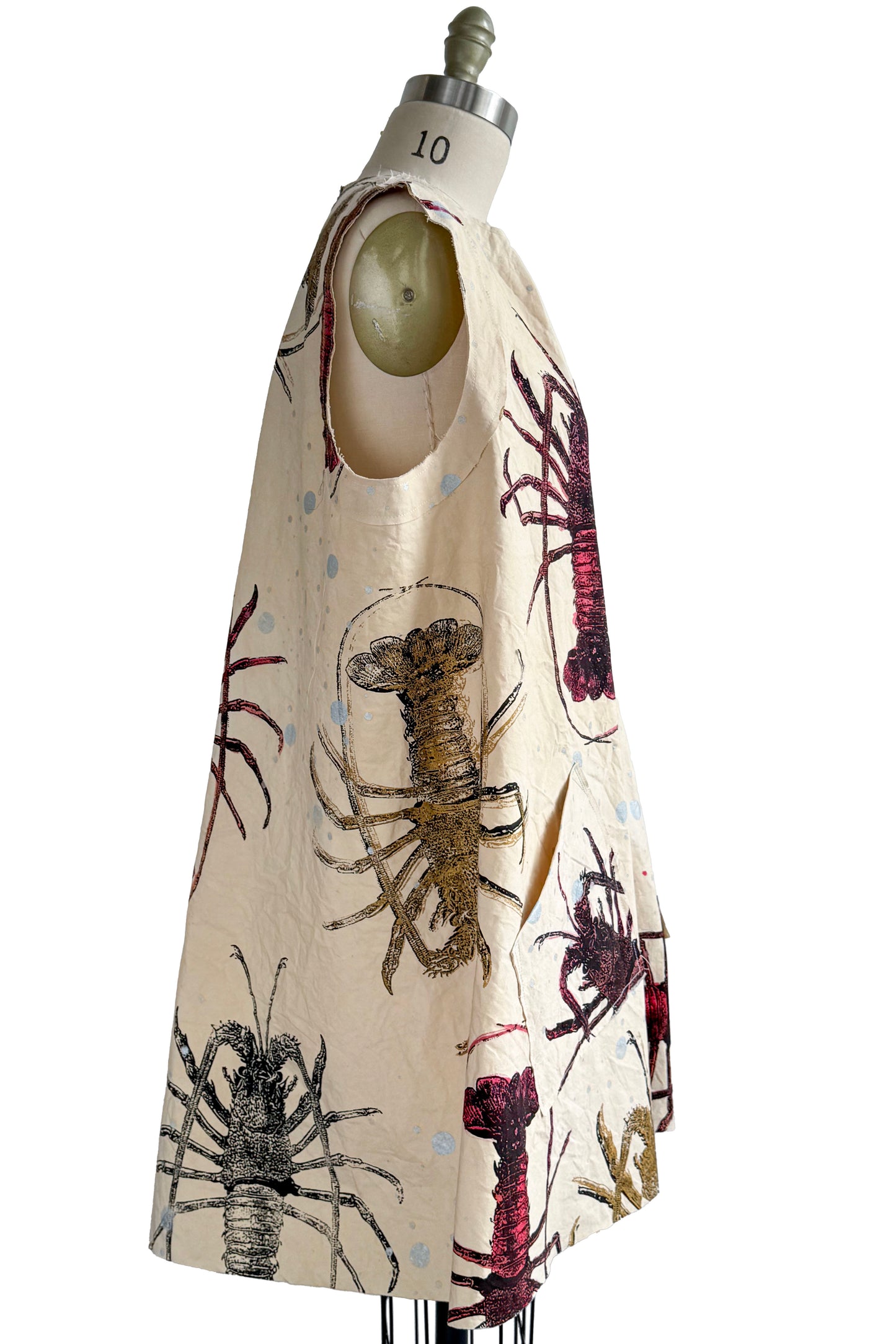 Quant Dress in Cotton w/ Lobster Print - Hand Painted & Tea Dye - Natural, Red & Gold - Large