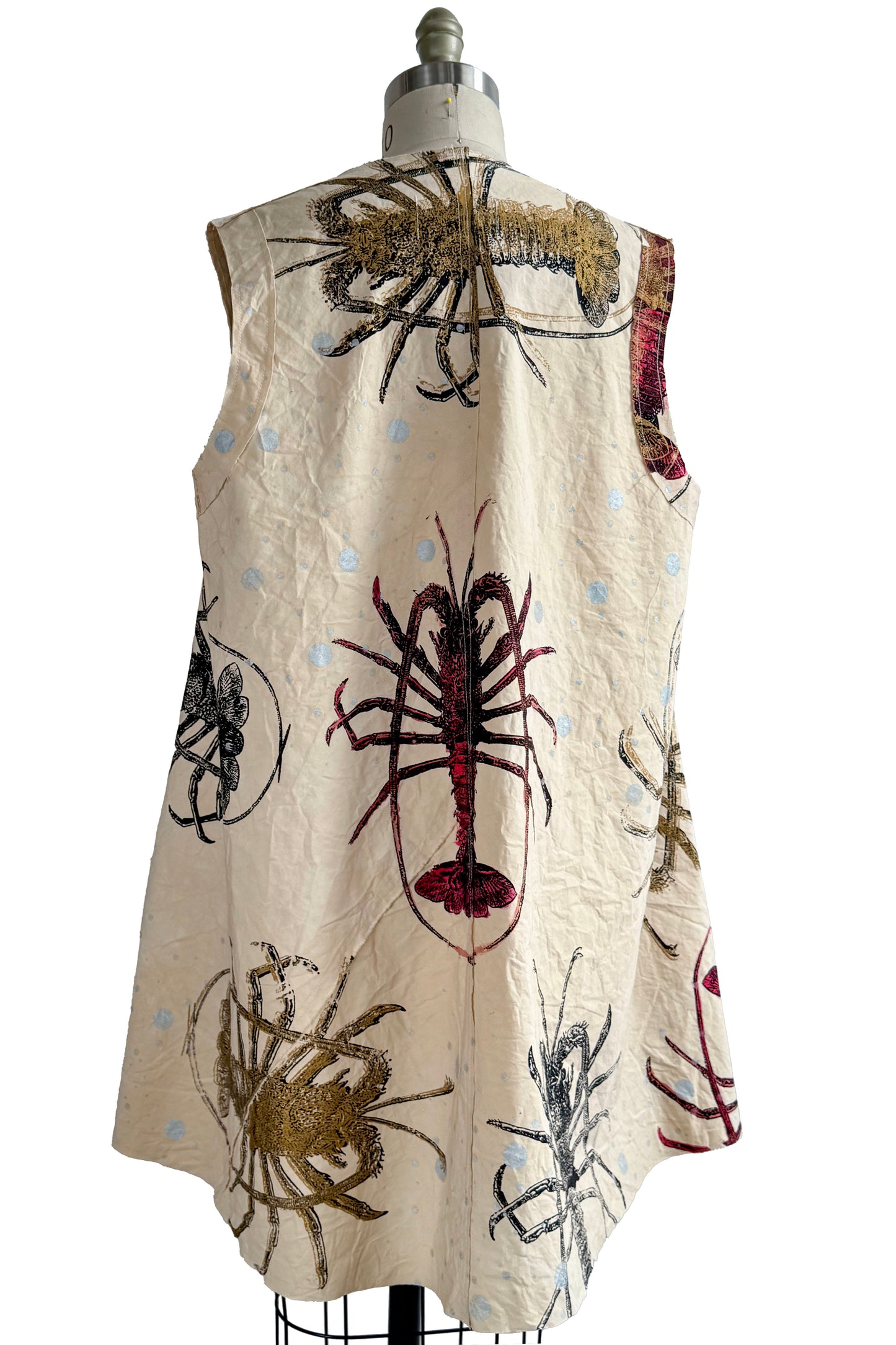 Quant Dress in Cotton w/ Lobster Print - Hand Painted & Tea Dye - Natural, Red & Gold - Large