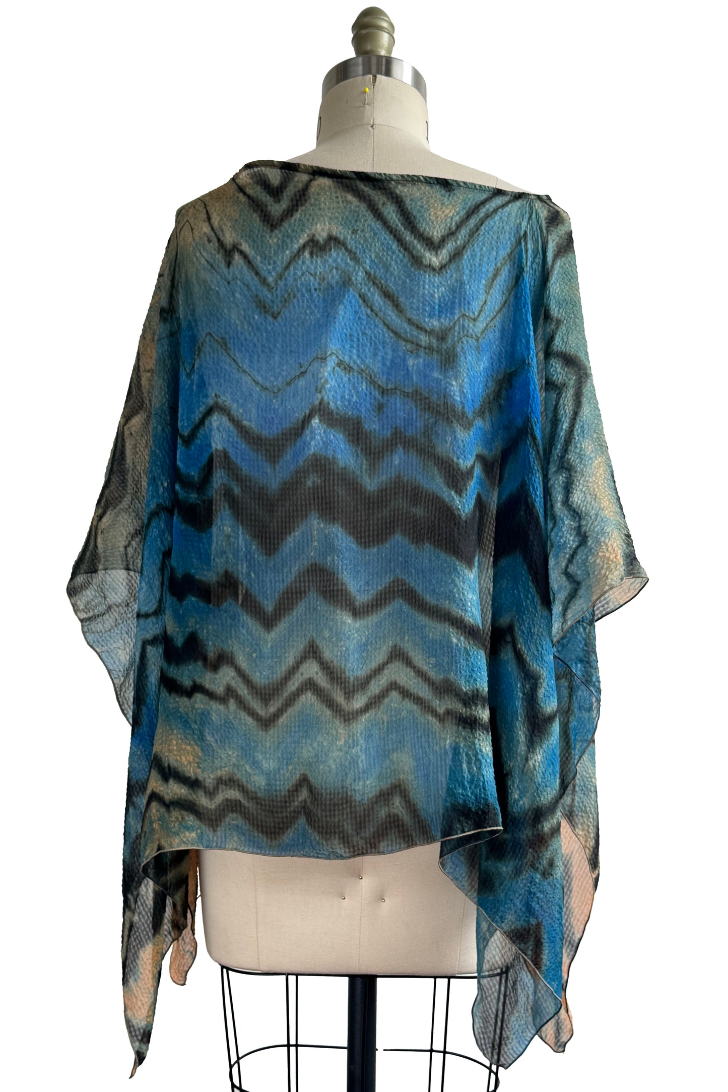 Button Drape in Seersucker Silk w/ Shibori Arashi Dye - Black, Blue & Apricot Orange